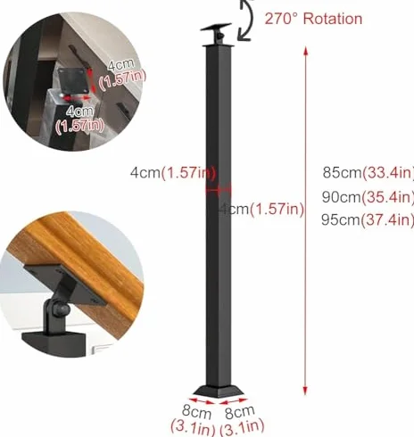Ejes de barandilla de metal ajustables, balaustres cuadrados modernos de 270° para interiores y exteriores, terraza, porche, hormigón y escalones de madera