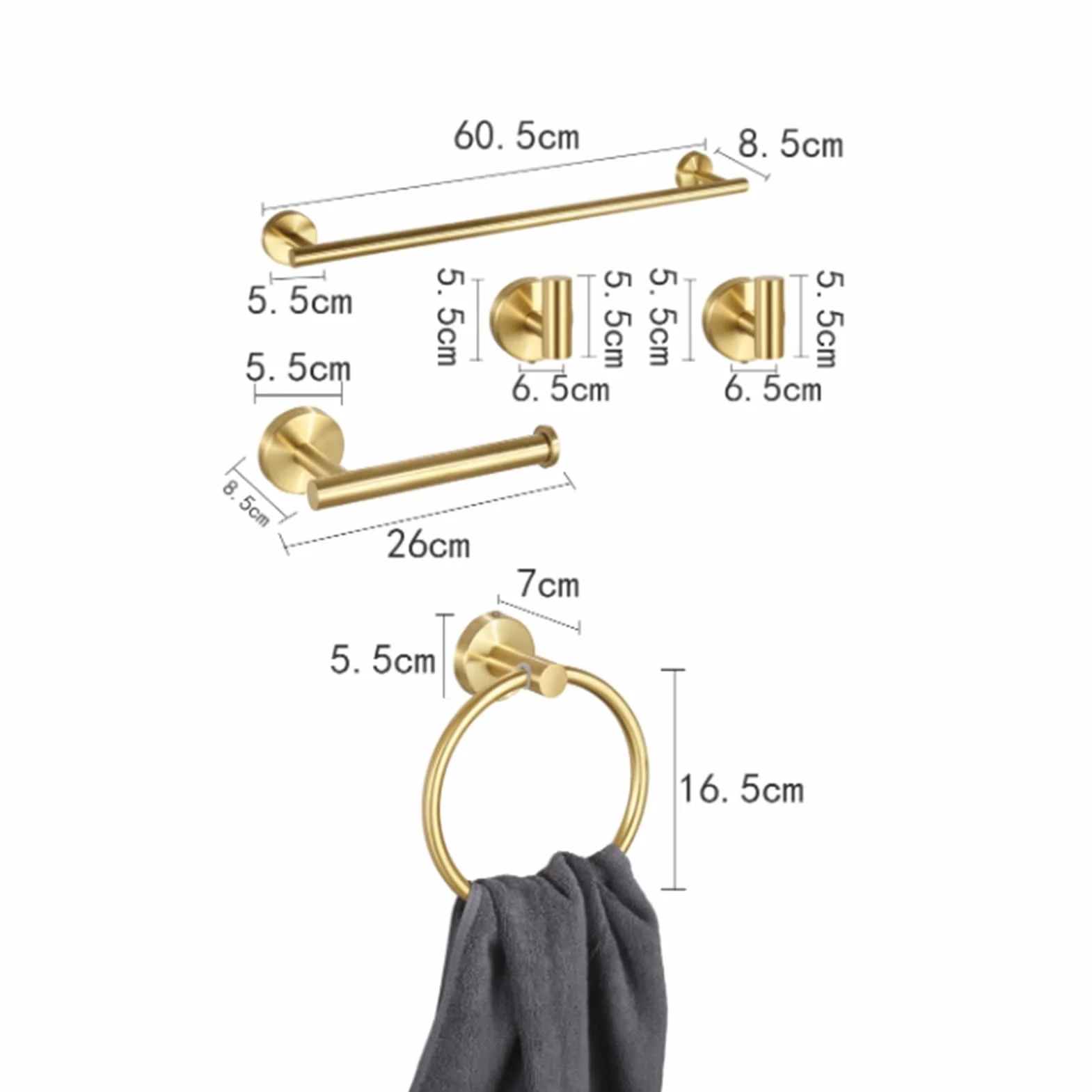 Juego Accesorios Baño Portarrollos Papel Higiénico Negro | Anillo para Toalla Herrajes Acabado Dorado Cepillado,Soporte para Toalla Mano Ganchos Batas Montaje Pared(Silver)