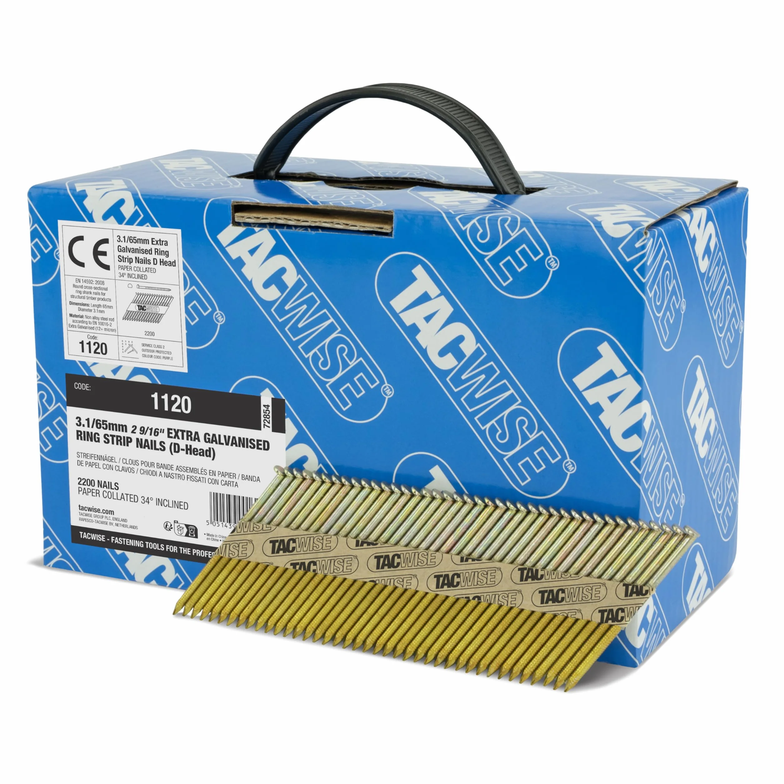Tacwise 1120 Clavos para Enmarcado 3,1 / 65 mm, Galvanizado Extra, Cabeza a “D”, Vástago Anillado Inclinado a 34°, en Cintas de Papel, Paquete de 2.200