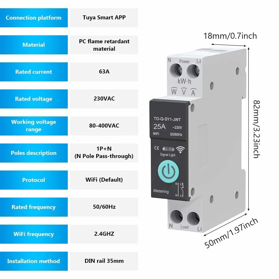 Interruptor WiFi, 1P+N 25A 230V, interruptor de control remoto inalámbrico para hogar inteligente, temporizador, control de voz monitor de energía compatible con la aplicación Smart Life TUYA riel DIN