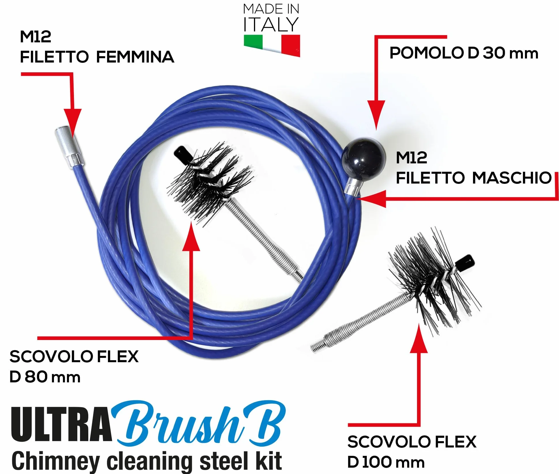 ULTRABRUSH B | Kit limpieza chimenea estufa de pellet. 2 escobillas deshollinador flexible. Compatible con todo tipo de chimeneas. Alambre de acero revestido ultra robusto y deslizante. (6 metros)