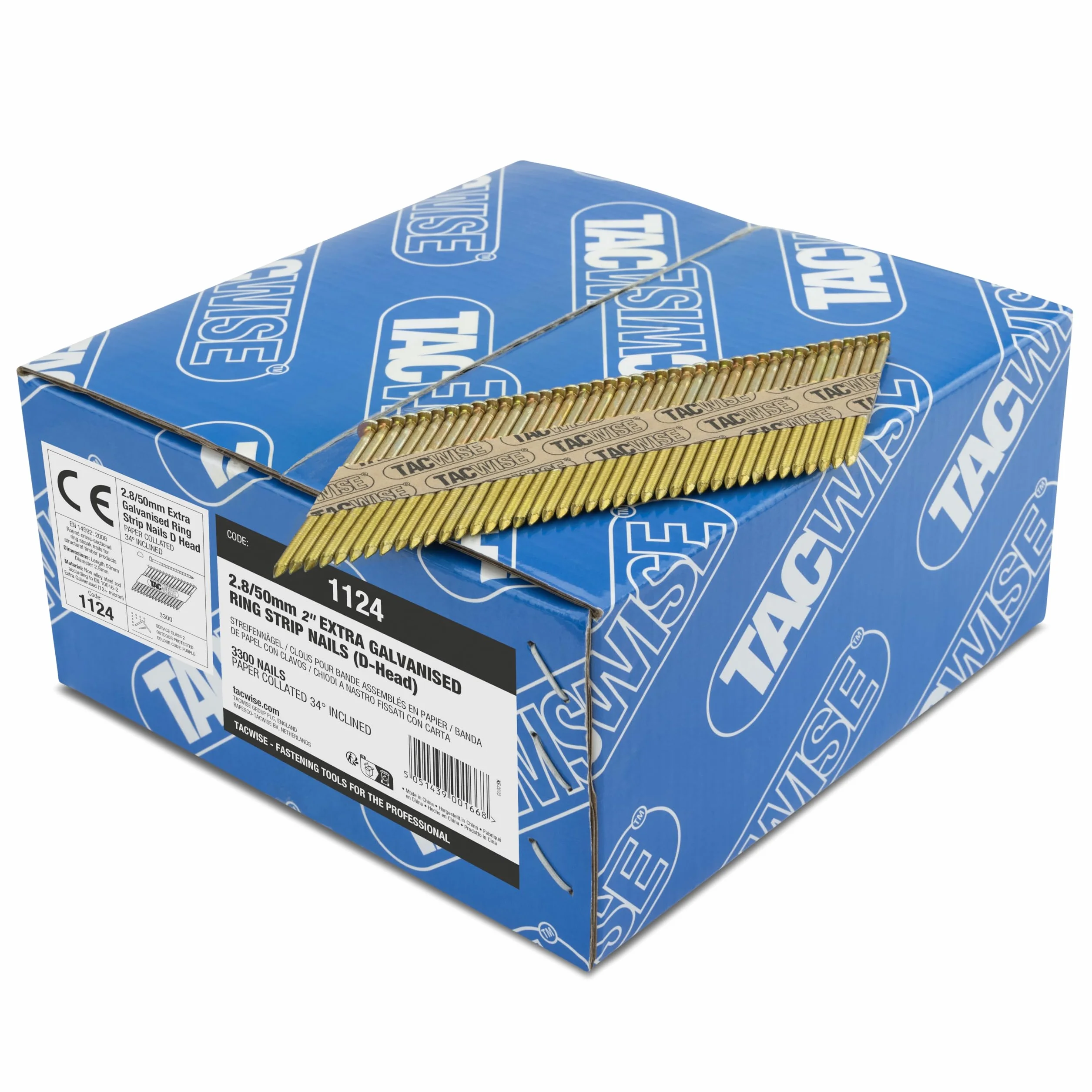 Tacwise 1124 Clavos para Enmarcado 2,8 / 50 mm, Galvanizado Extra, Cabeza a “D”, Vástago Anillado Inclinado a 34°, en Cintas de Papel, Paquete de 3.300
