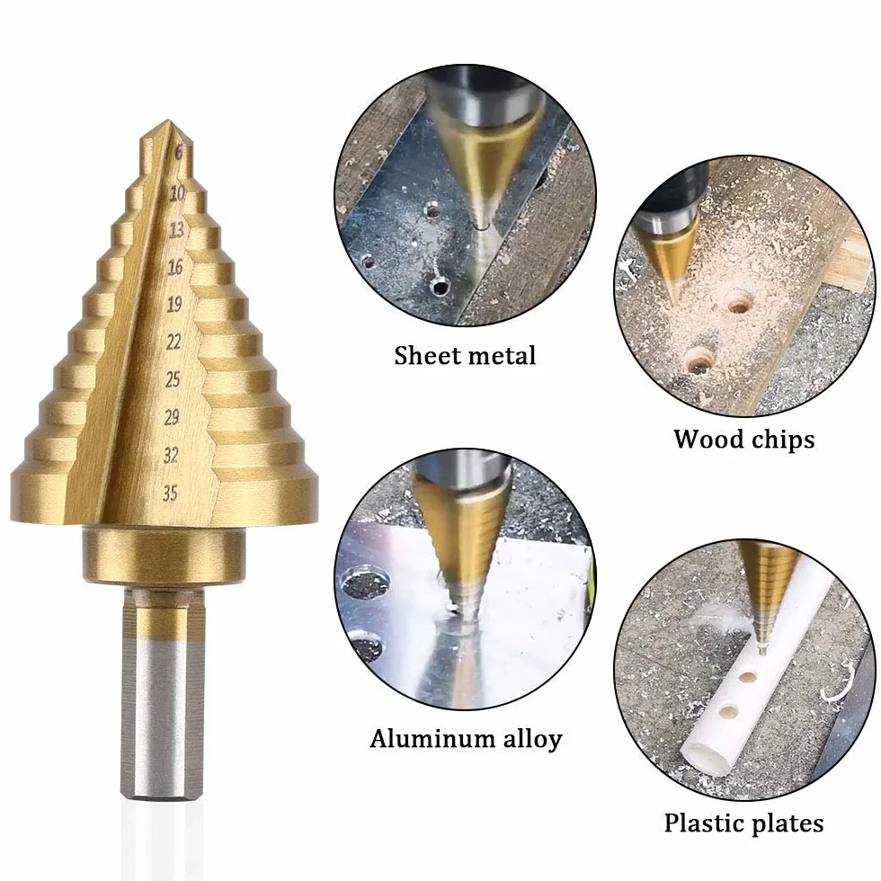 Flintronic - Broca escalonada, 5 unidades (5-13 mm, 3-13 mm, 6-19 mm, 5-22 mm, 6-35 mm), 1 perforadora central automática + 1 broca helicoidal, broca cónica de doble ranura recubierta de titanio Hss