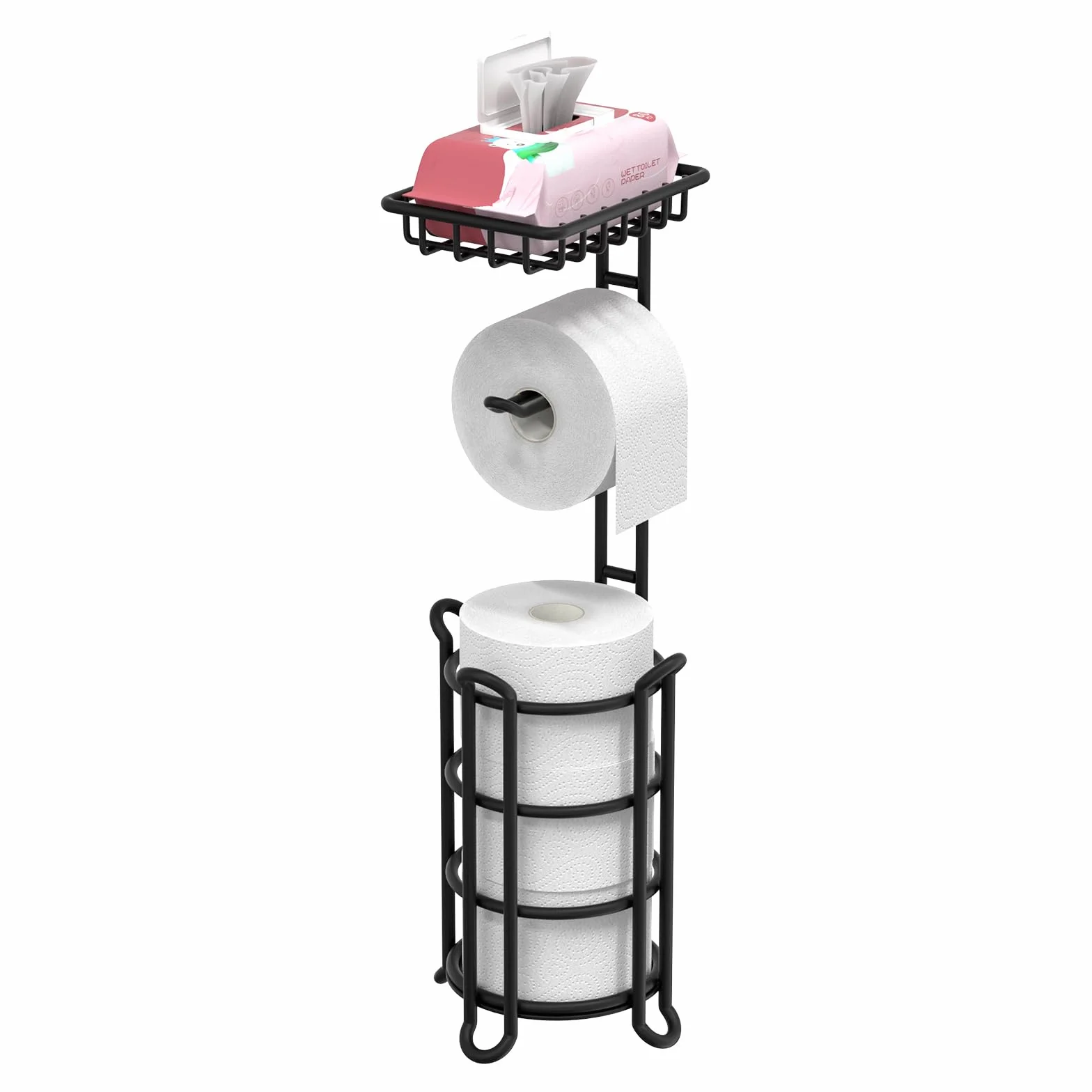 TreeLen Portarrollos de Papel Higiénico Independiente con Estante, Soporte con Almacenamiento para Rollos de Reserva Grandes, Organizador de Baño Negro