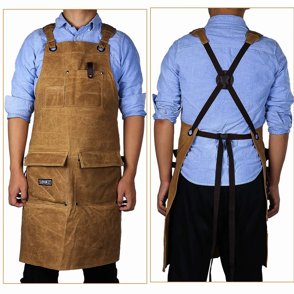 LEFOR·Z Work Apron for Men, Heavy Duty Waxed Canvas Tool Apron for Carpenter, Woodworker with Cross-Back Straps, Adjustable M to XXL