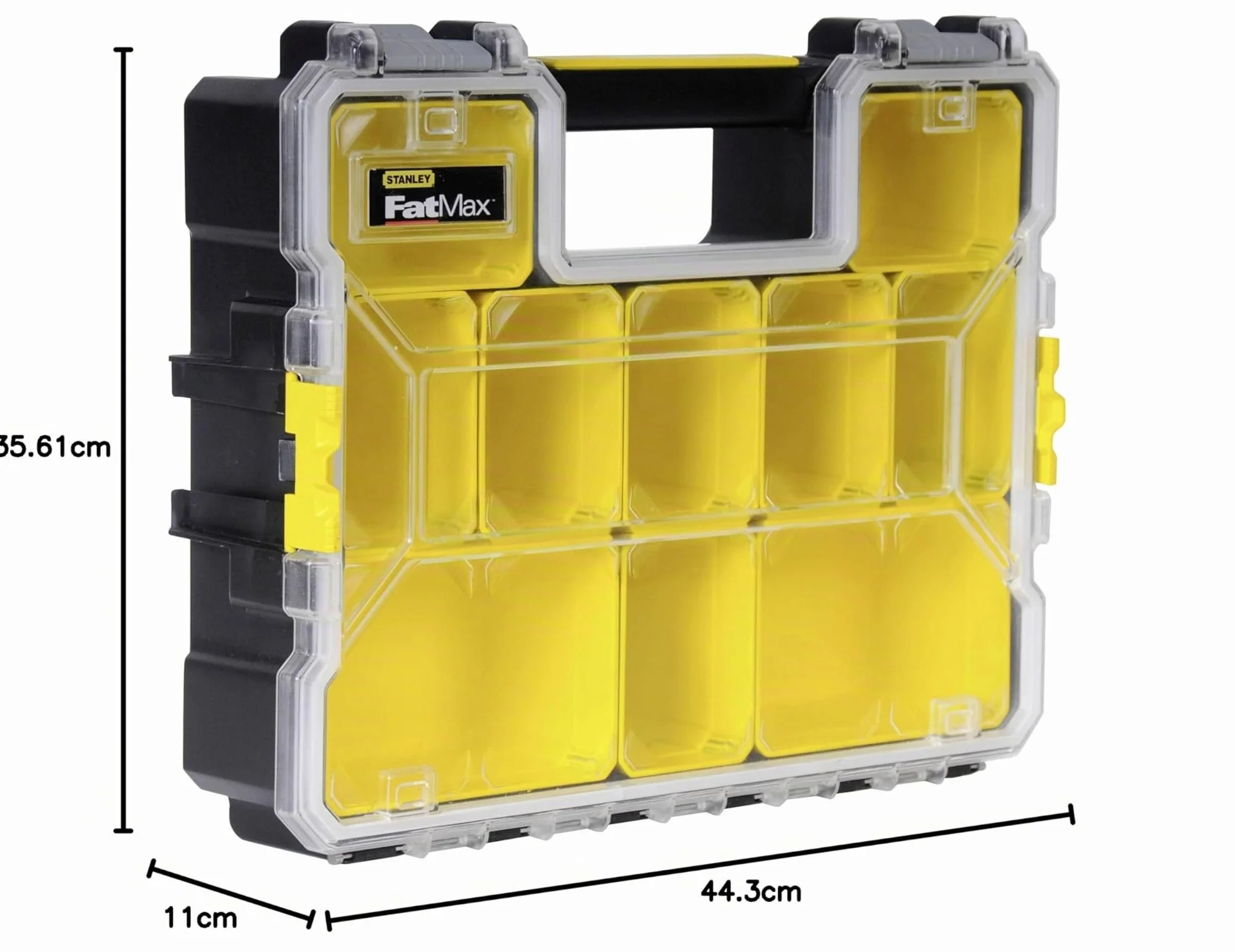 Stanley Caja de almacenamiento FatMax (44,29 cm x 35,60 cm x 11,00 cm, compartimentos profundos, cierres de plástico robustos, cajas extraíbles, tapa resistente a arañazos y golpes) 1-97-521