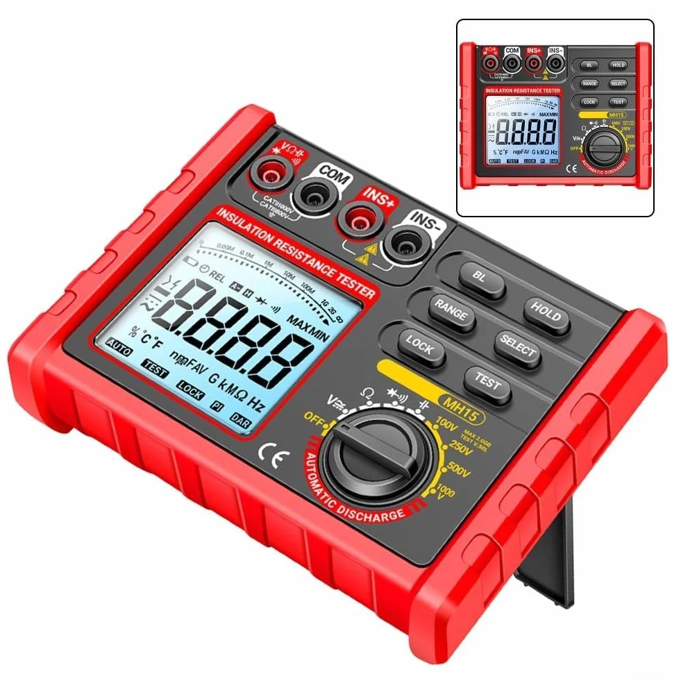 MH15 Digital Megohmmeter Resistencia de Aislamiento Probador 100V 250V 500V 1000V LCD Display Meter con cables de prueba