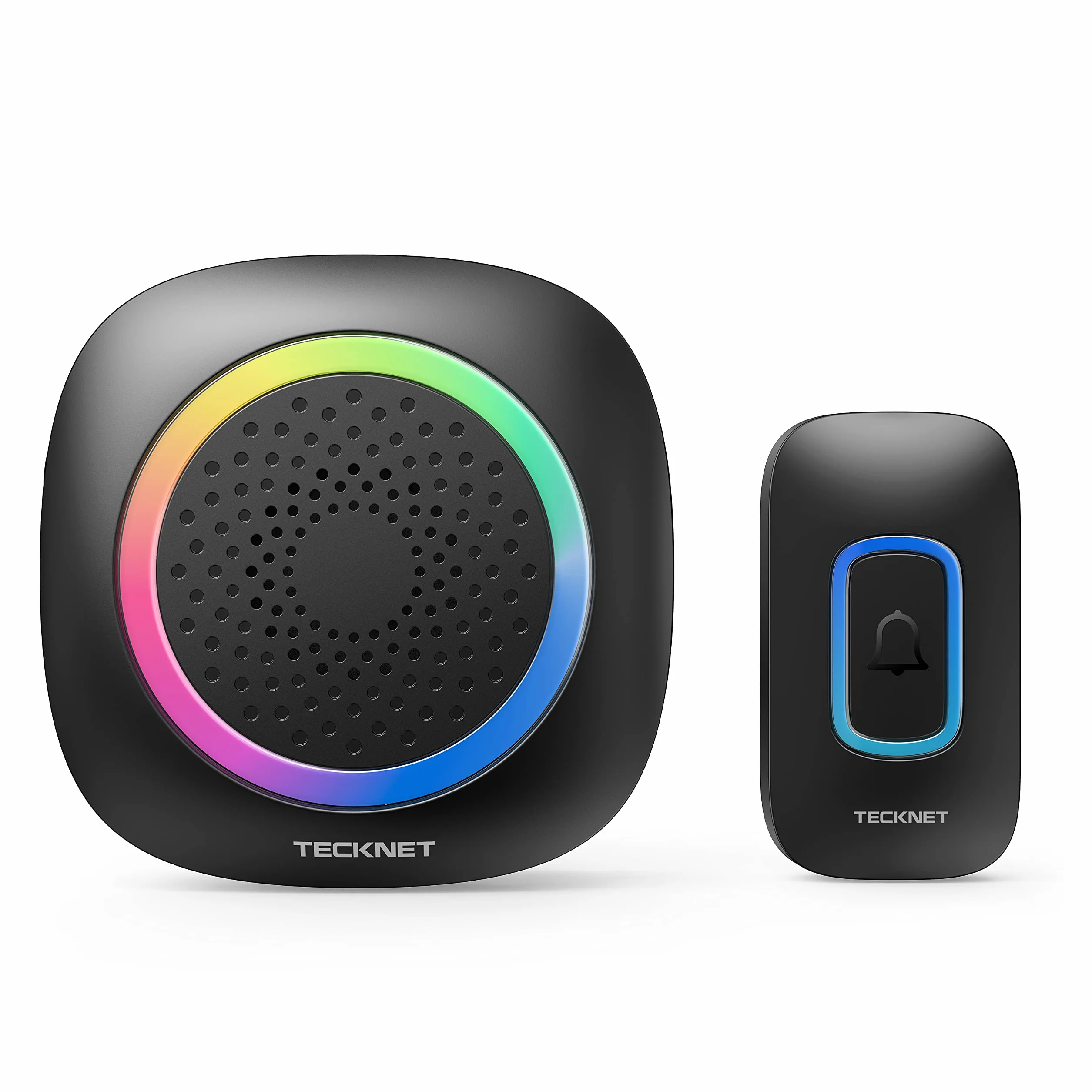 TECKNET Timbre Inalámbrico Funciona con Pilas, 400M Alcance RGB Timbre Inalámbrico Exterior Impermeable IP66, 5 Niveles de Volumen (0-110dB) y 60 Melodías para Hogar/Hotel/Oficina/Emergencia, etc