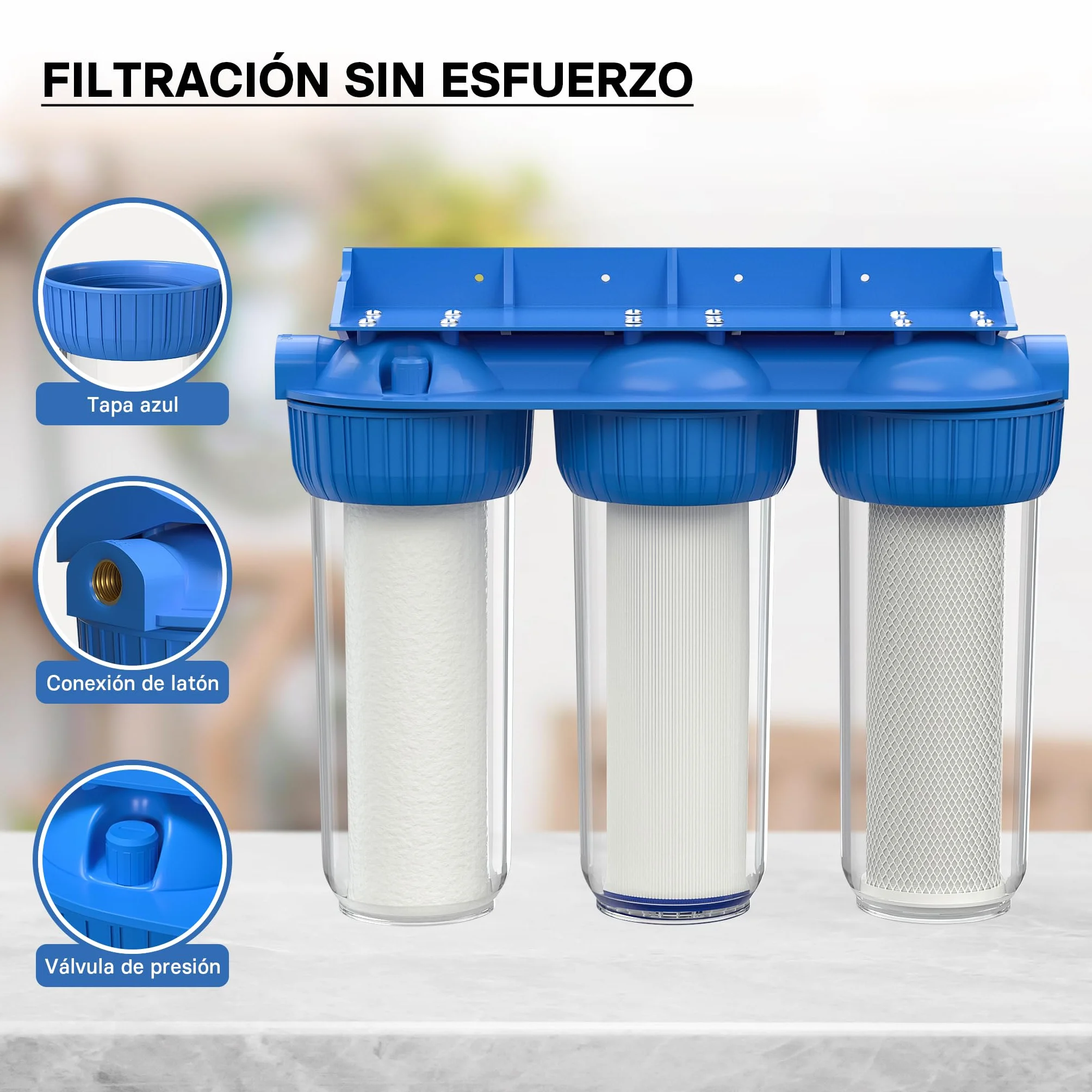 Naturewater NW-BR10B4 Filtro de agua 3-etapas 26.16mm (3/4") cartucho PP Ø60 mm, filtro con soporte de pared, con llave, filtración de sedimentos, carbón activado en bloque y en granulado