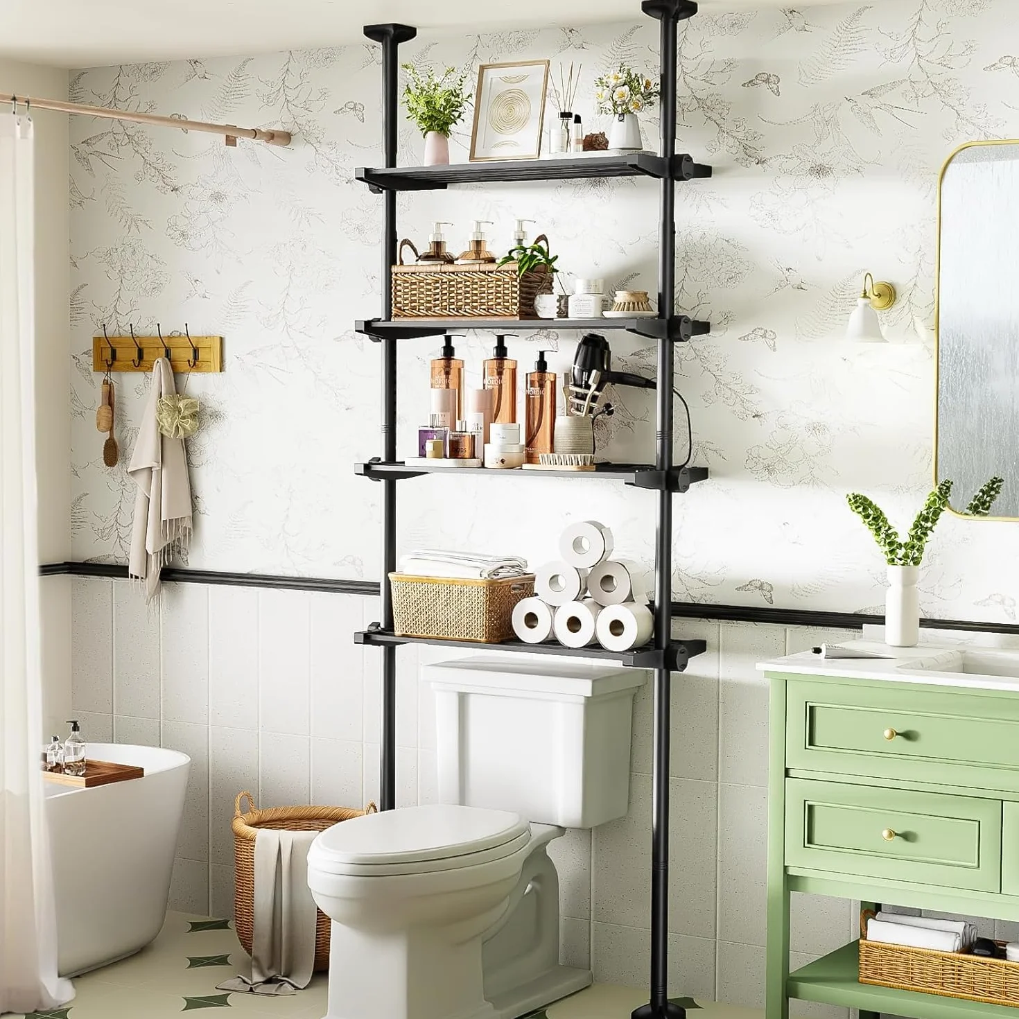 Estantería para inodoro de 4 niveles WELDUN, estante de baño ahorrador de espacio, 49-79 cm ancho, 122-315 cm alto, negro
