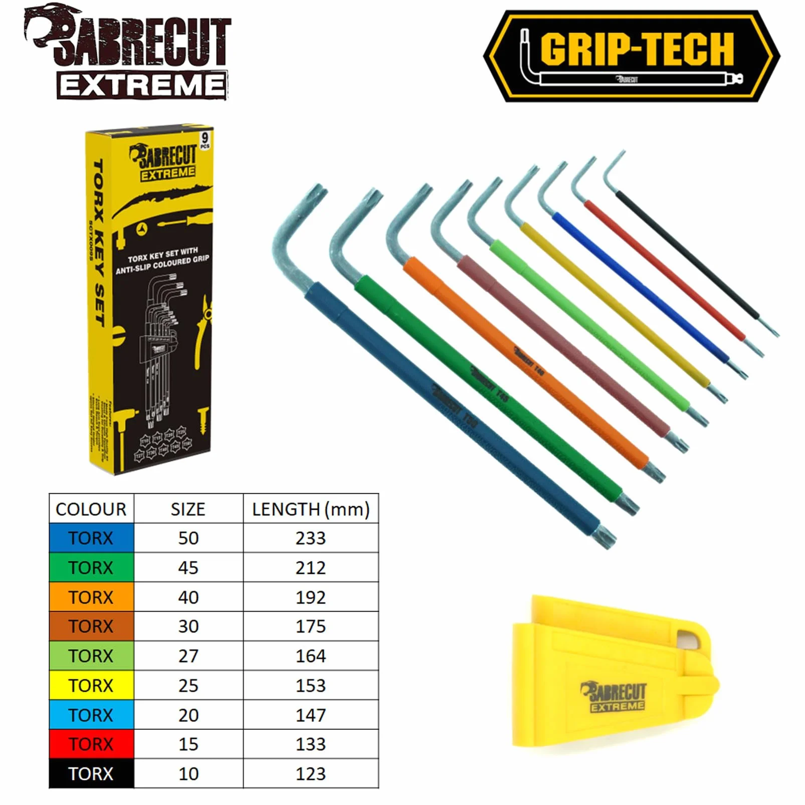 SabreCut Juego de llaves SCTGK1 de 18 piezas con agarre suave y comodidad extralargas hexagonales hexagonales de diamante Hex Plus y Torx con codificación de colores tamaños de 1,5mm a 10mm T10-T50