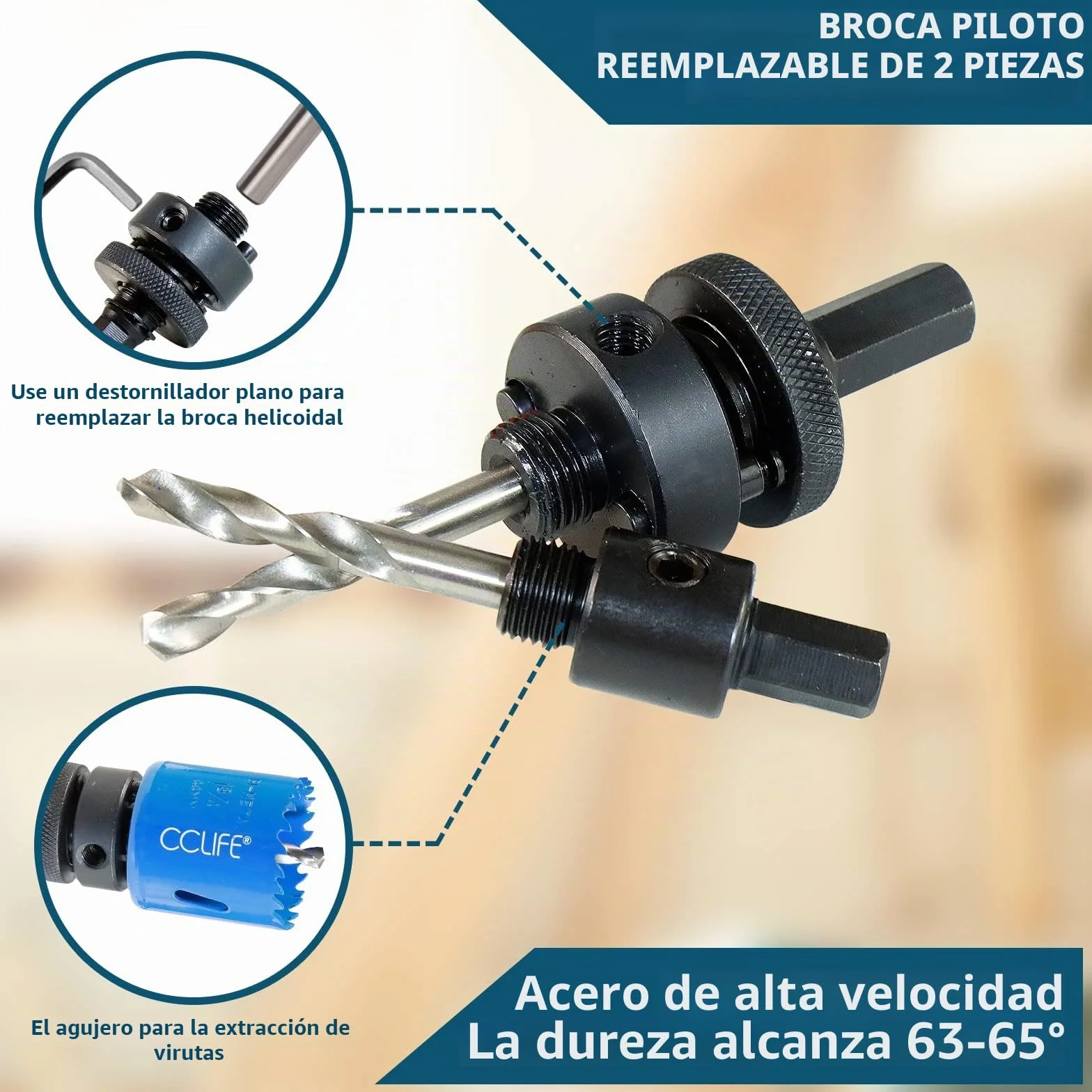 CCLIFE Juego de sierra perforadora bimetálica, 8 piezas, bimetal M3 HSS-CO, diámetro de 22 – 64 mm, profundidad de corte 38 mm, para taladrar acero inoxidable, metal ligero, madera, PVC, plástico, etc