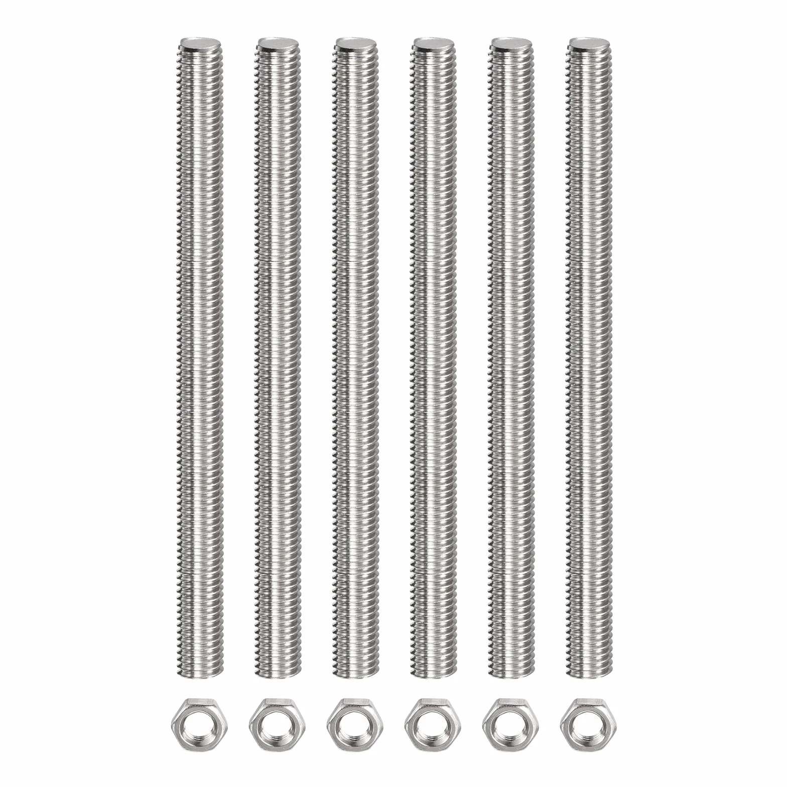 Varilla Roscada Completamente (con 6 Tuercas Hexagonales) Varillas Roscadas de Acero Inoxidable [para Ensamblaje] - M12 X 250mm Paso de 1.75mm / Plata / 6 Piezas