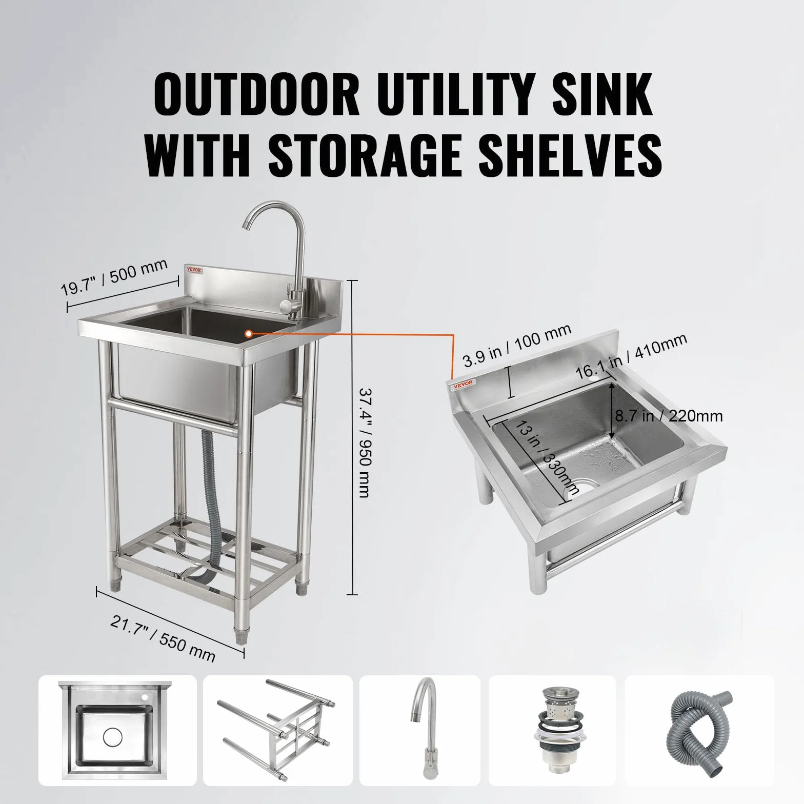 VEVOR Fregadero Utilitario de Acero Inoxidable, Fregadero Pequeño Independiente de 1 Compartimento que Incluye Grifo y Patas, Fregaderos Comerciales de un solo Tazón de 410 x 330 x 220 mm