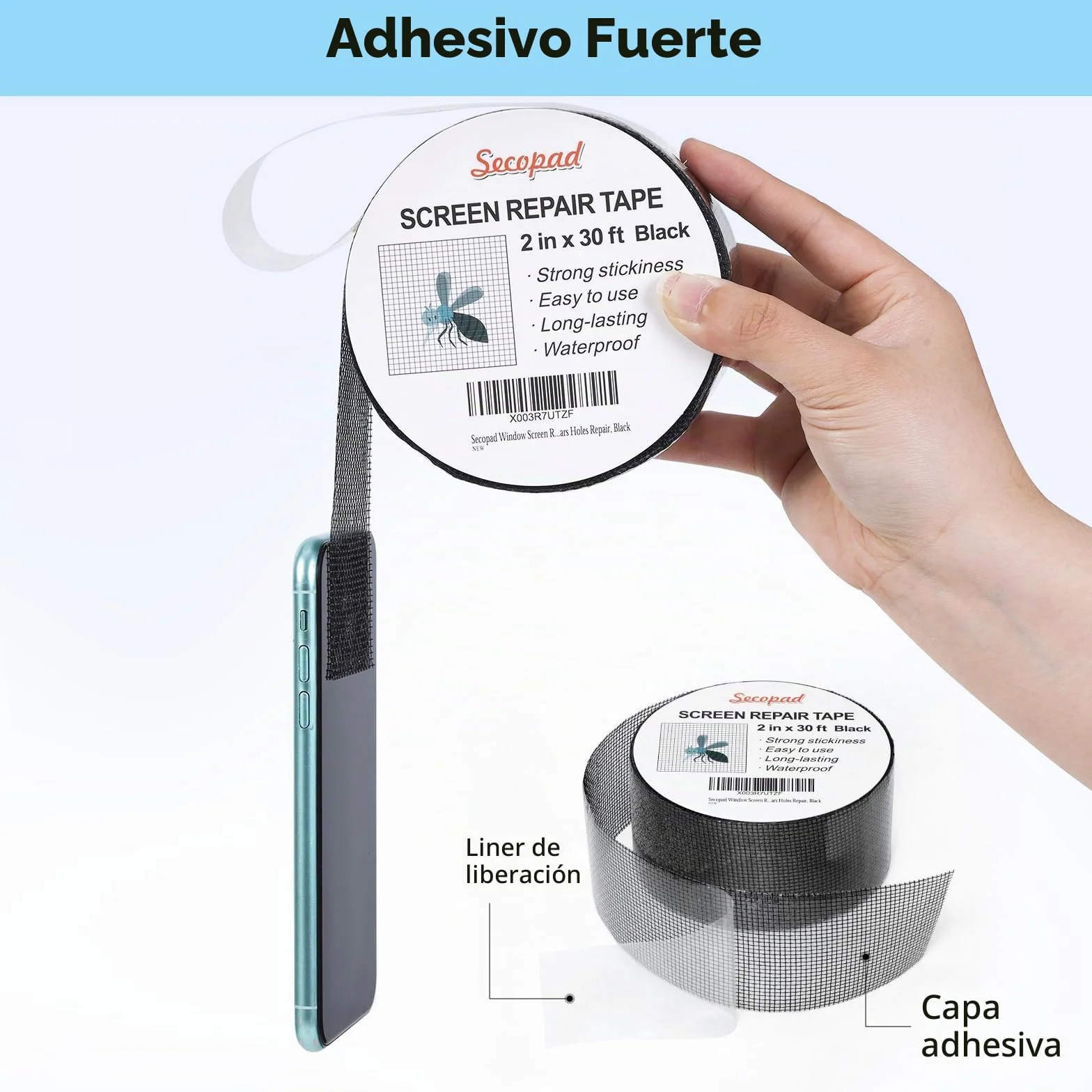 Secopad Cinta Reparadora de Mosquiteras, 50 mm x 9 m Kit de Reparación de Parches de Pantallas de Fibra de Vidrio para Pantallas de Puertas y Ventanas, Negro