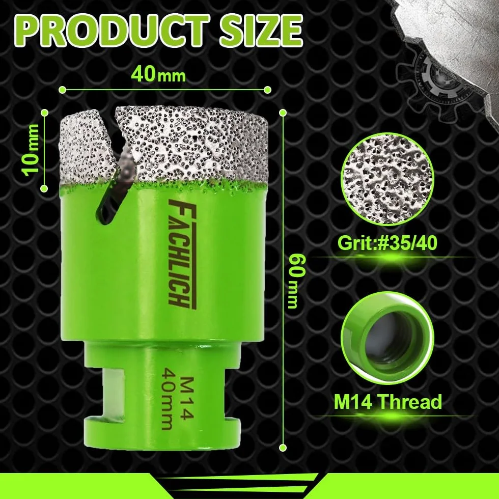 Broca de Diamante 40MM Vacío Soldadura para Perforación en Seco Porcelana Azulejo Granito Mármol M14