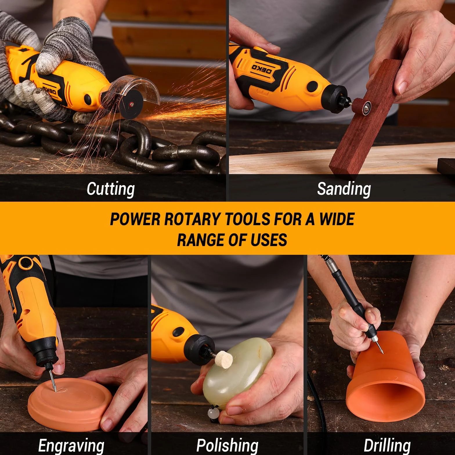 Mini amoladora rotativa multiusos: DEKOPRO 170 W, kit de accesorios 127, velocidad variable 8000-35000 rpm - Herramienta multiusos para cortar, taladrar, pulir, limpiar, Amarillo