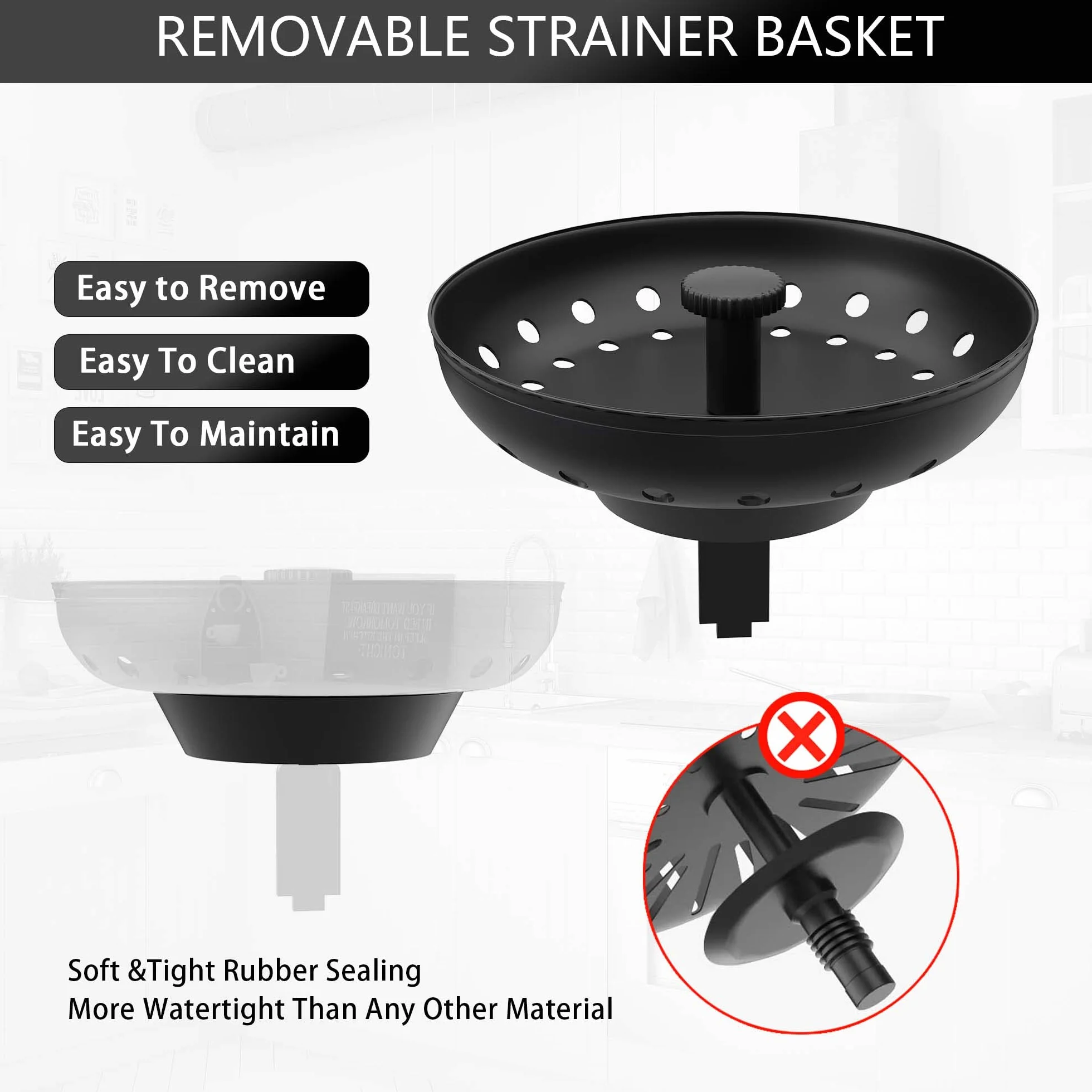 Kit de Montaje de colador de Fregadero de Cocina Negro Mate de 3-1/2 Pulgadas con Cesta coladora y tapón de Drenaje para Fregadero de Cocina estándar, Acero Inoxidable
