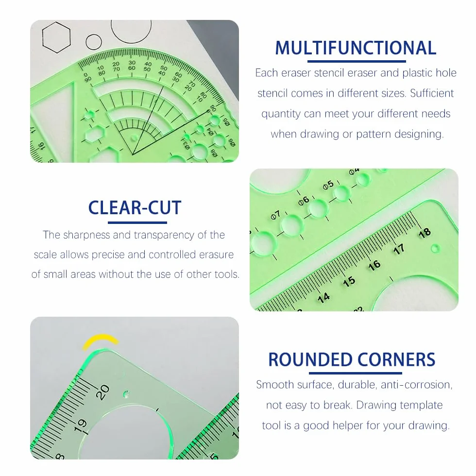 Plantillas Reglas Geométricas de Acero Inoxidable 9 Piezas Plantillas de Dibujo Medición Plástico Verde para Escuela Oficina