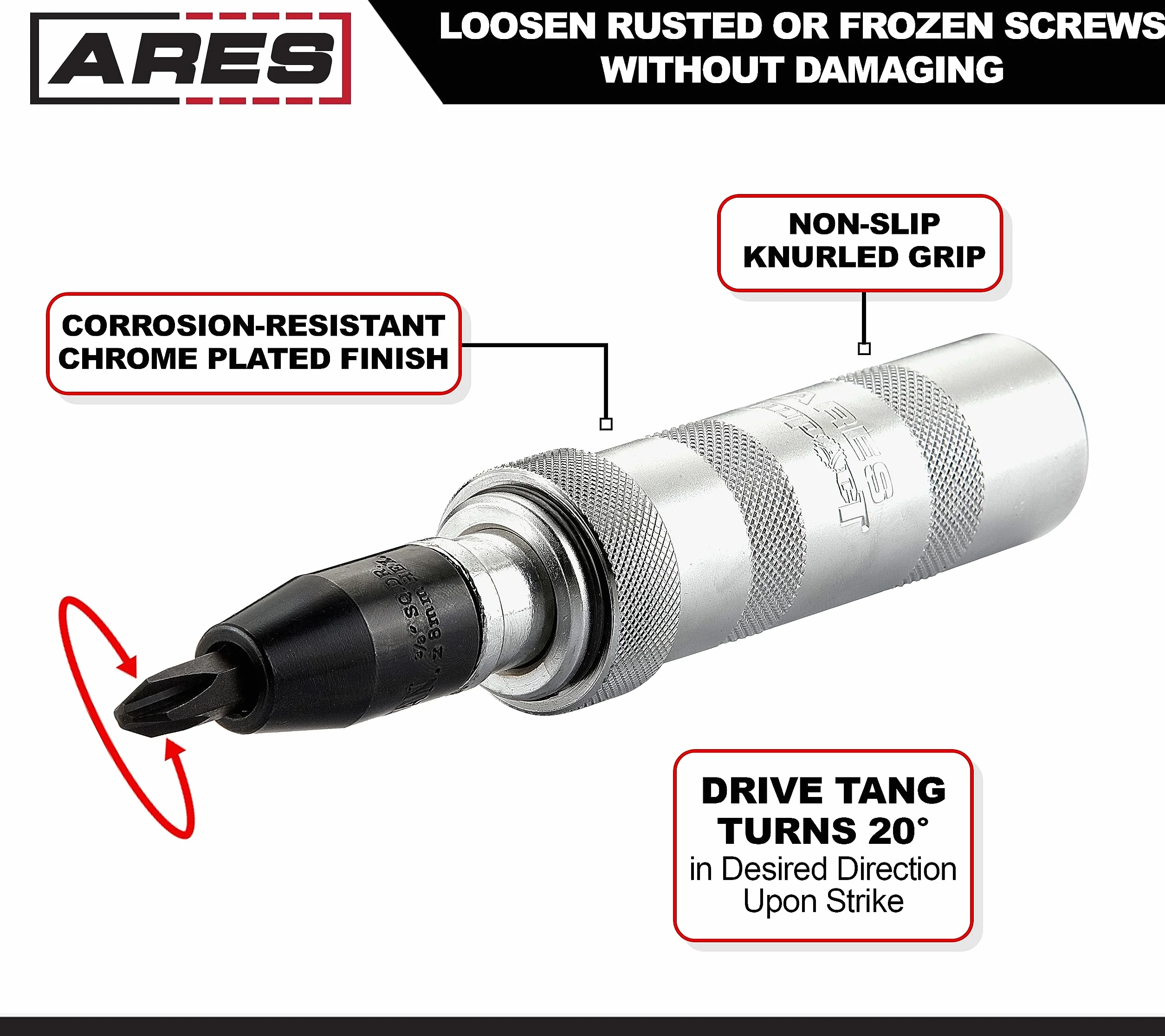 ARES 70006 | Destornillador de impacto reversible manual de 3/8 pulgadas | Cabezal plano 5/16 pulgadas, 3/8 pulgadas y Phillips #2, 3 brocas para aplicaciones más comunes | desenganchar cierres oxidados o pernos congelados