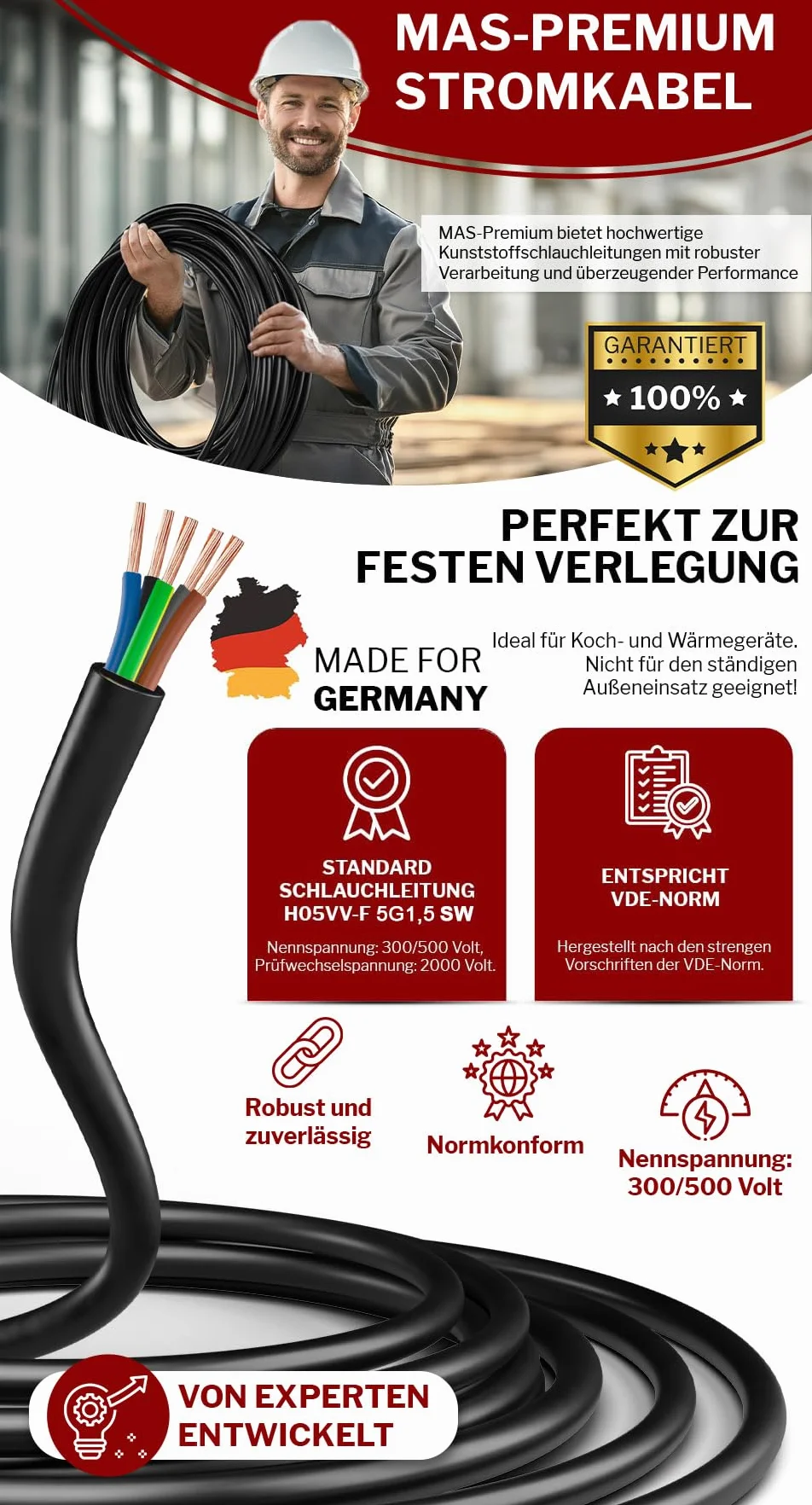 MAS Premium De 5 a 100 m de manguera de plástico H05VV-F 2, 3, 4 o 5 x 0,75; x1; x1,5 o x2,5 cable flexible (H05VV-F 5G1,5 SW, 25 m)