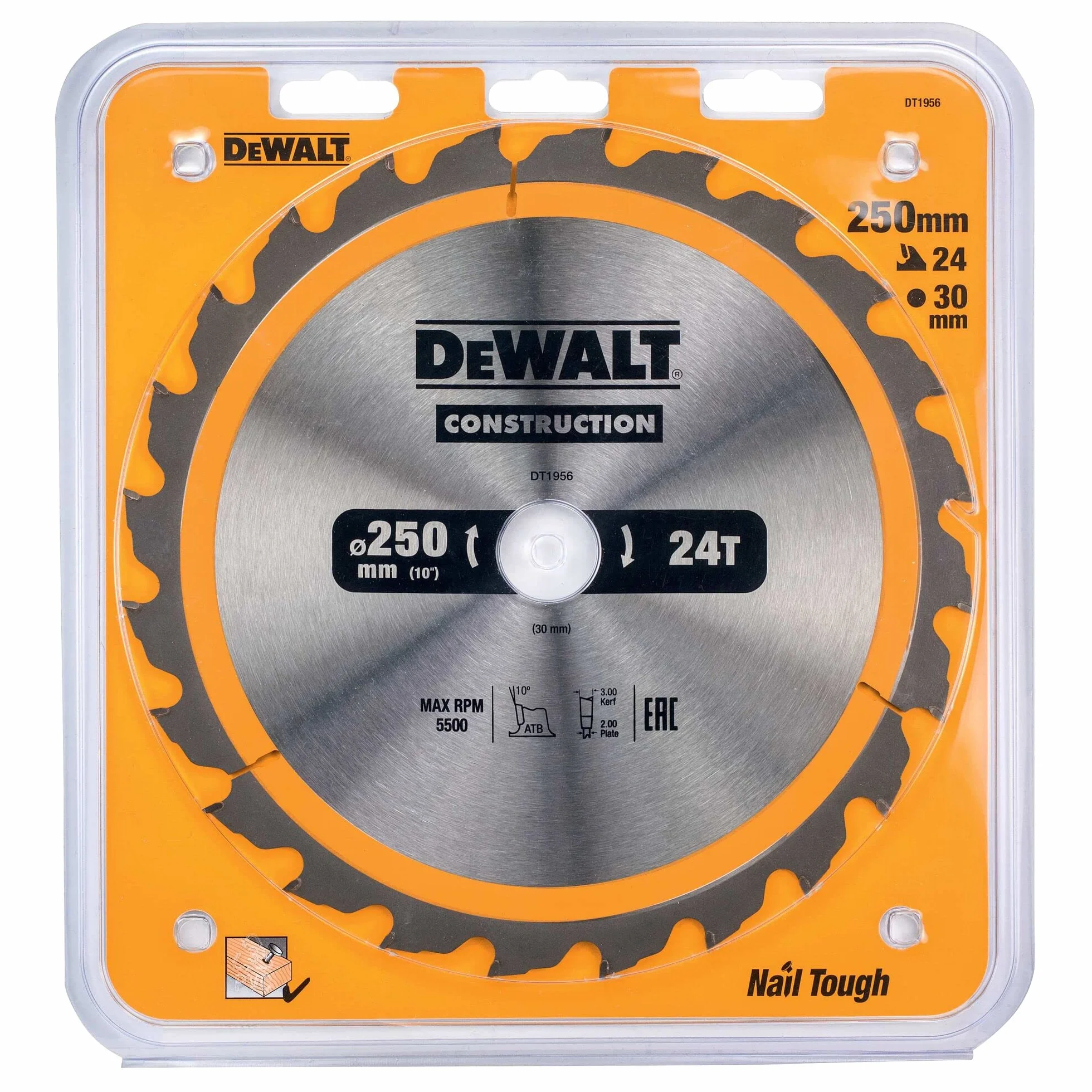 DEWALT DT1956-QZ - Hoja de Sierra Circular Estacionaria, Disco Cortante de 24 Dientes 250x30mm, Herramienta Resistente a Clavos, Duradera, Especial para Construcción y Uso Profesional
