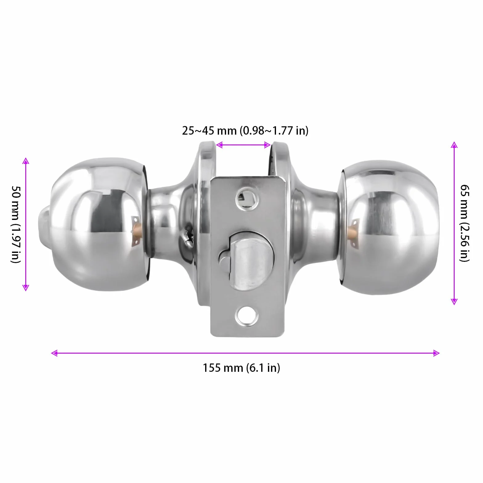 Paquete de 4 manijas redondas de 65 mm, kit de cerradura interna de acero inoxidable con cerradura con 3 llaves para puertas de 25 a 45 mm de grosor, para dormitorio, baño