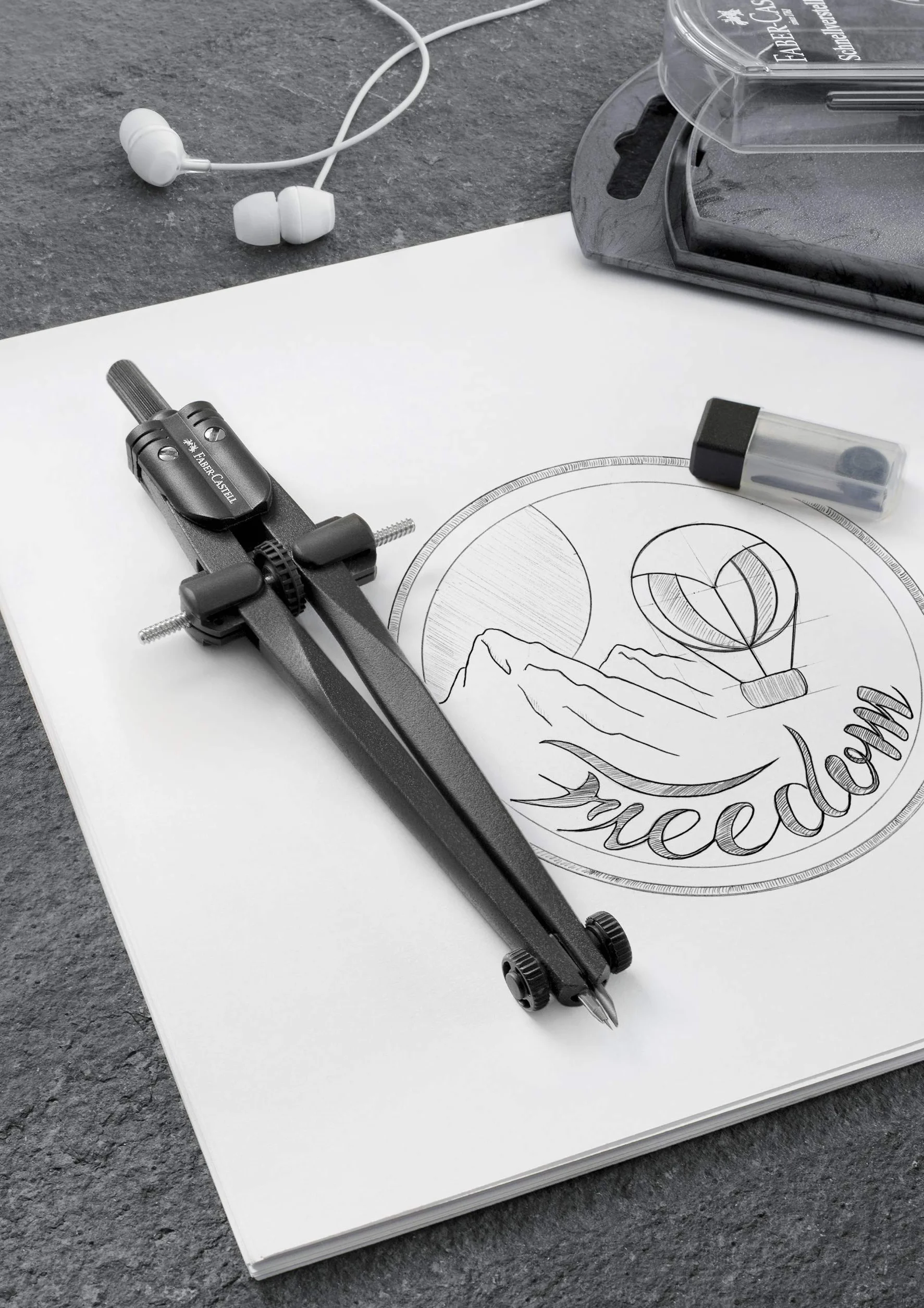 FABER-CASTELL Compás de ajuste rápido Stream Blackstone juego con piezas de repuesto y minas