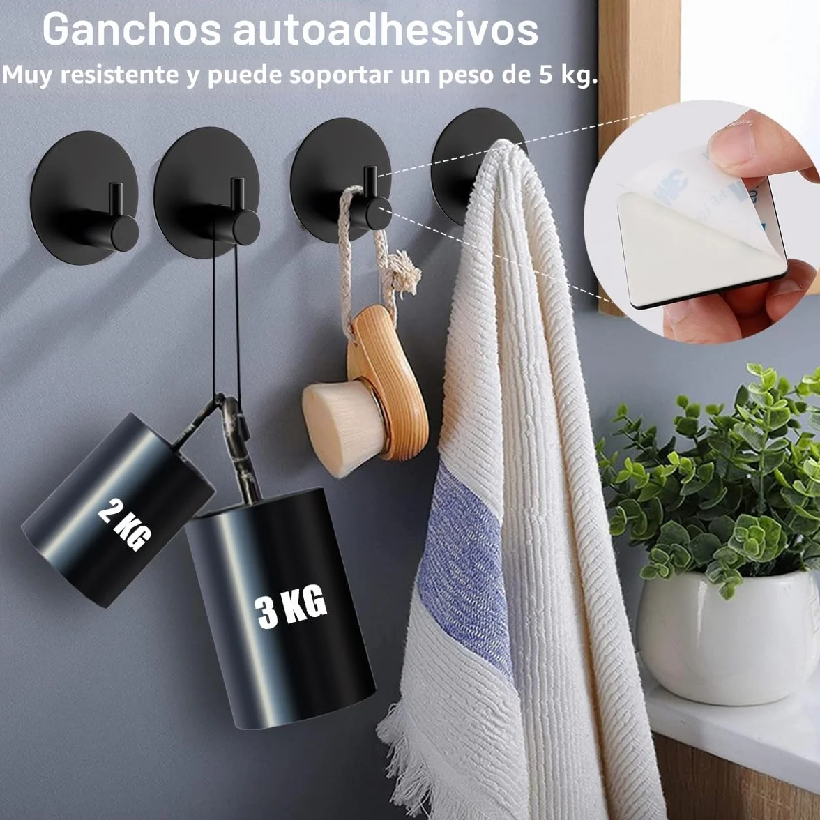 Drenky Colgadores Adhesivos Resistentes 2 Piezas, Colgador Adhesivo Sin Taladro Ganchos Adhesivos Para Pared Acero Inoxidable 304 Perchas Adhesivas Con Almohadillas Adhesivas Para Cocina Y Baño Negro
