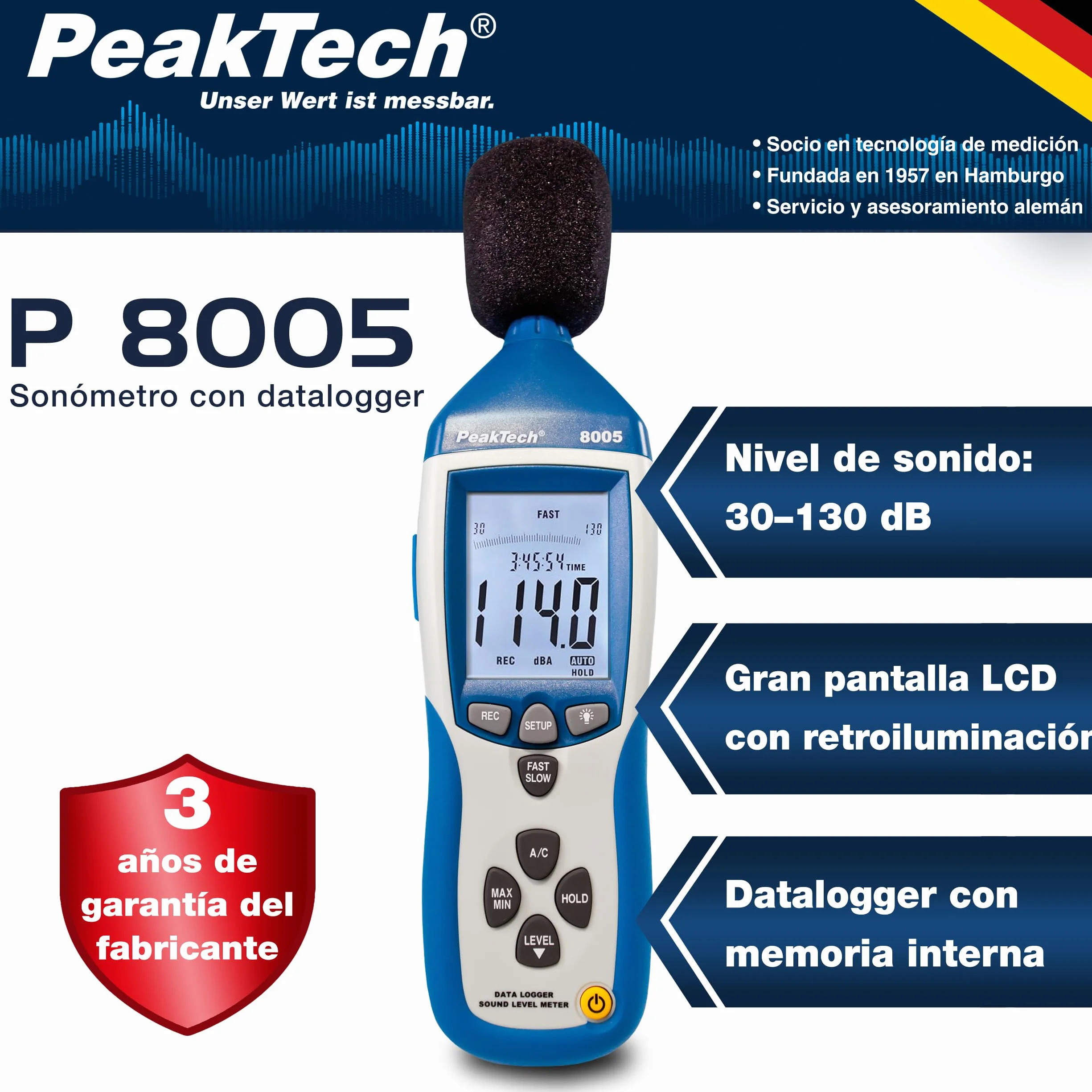 PeakTech 8005 – Medidor de nivel de sonido clase 2 con grabación (32000 valores medidos), calibrado, USB, medidor de dB, Min / Max, registrador de datos, salidas de CA / CC, 30 dB - 130 dB