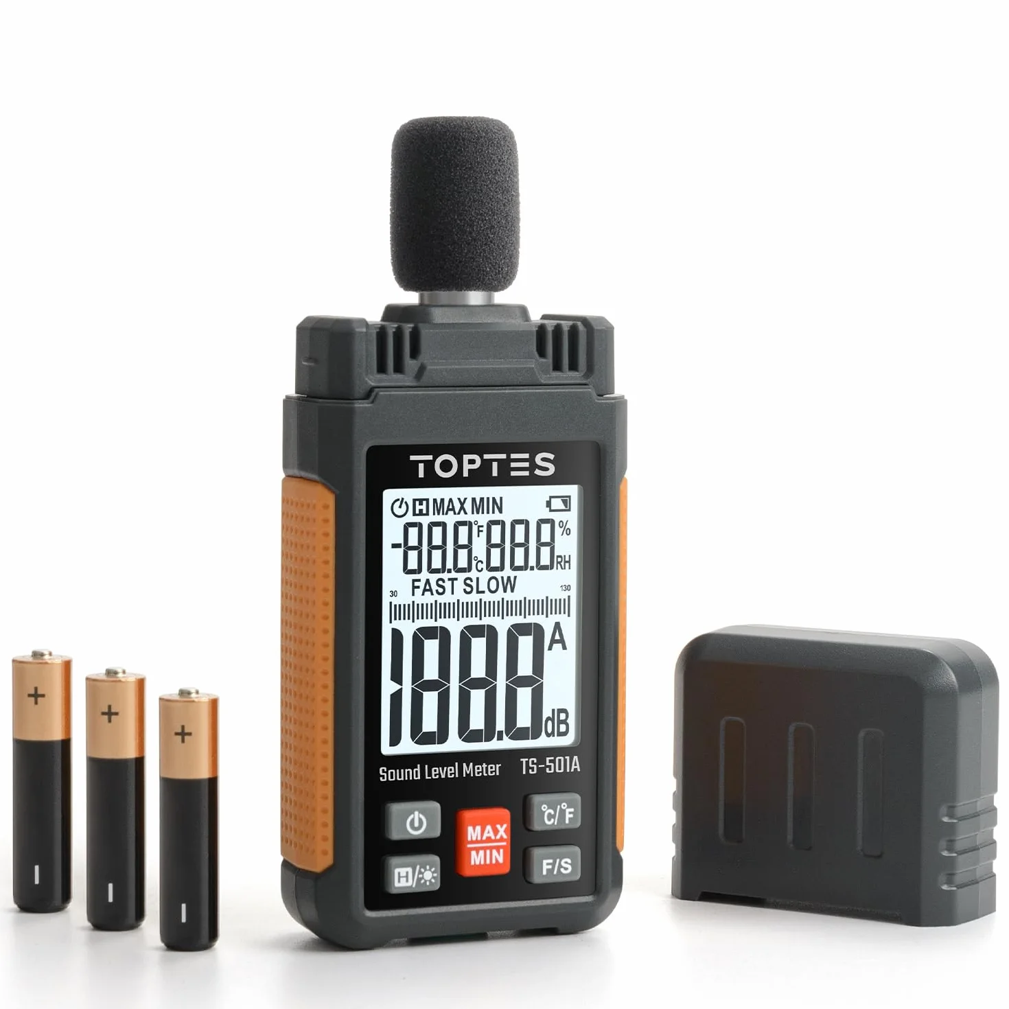 TopTes TS-501A Sonómetro Medidor de Decibelios 30-130 dB LCD 2,25 Pulgadas Naranja