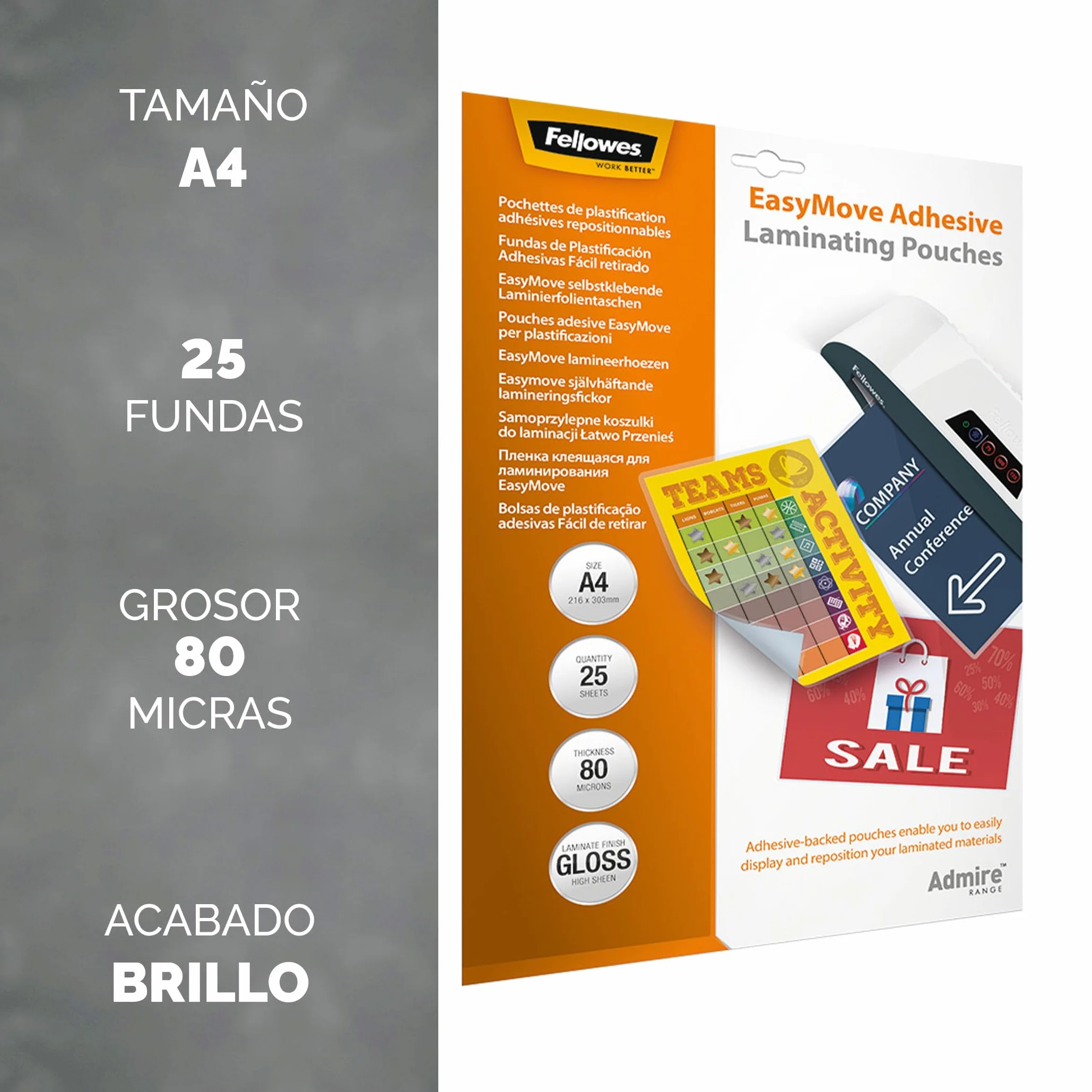 Fellowes Fundas de Plastificar A4, brillo, adhesivas, 25 hojas, 160 micras