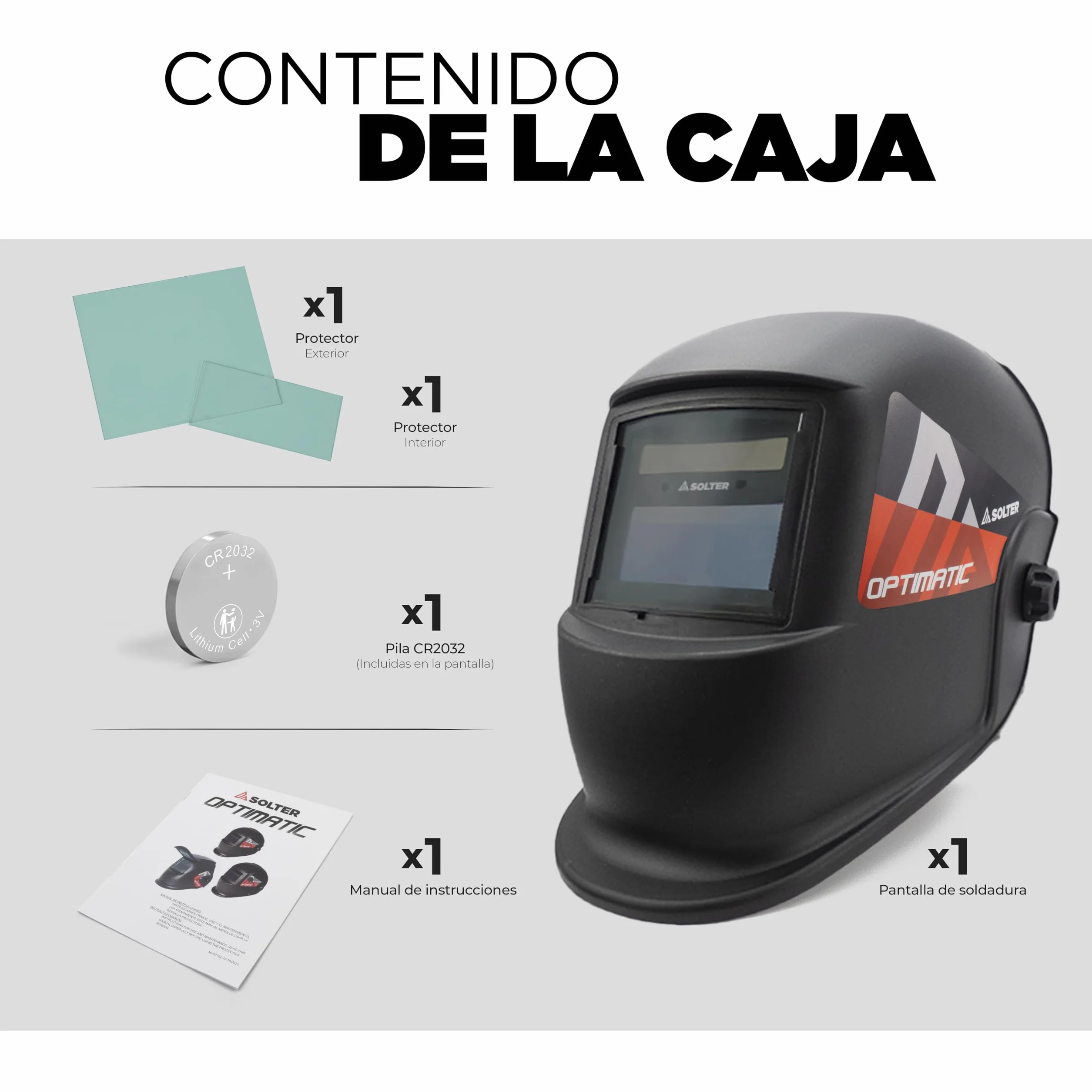 Máscara Electrónica de Soldadura, SOLTER OPTIMATIC 45, Auto Oscurecimiento DIN 4/9-13, Filtro Óptico 1/1/1/2, Visión Clara y Precisa, Arnés Ergonómico Ligero y Ajustable, Compatible con MIG/MAG y TIG.