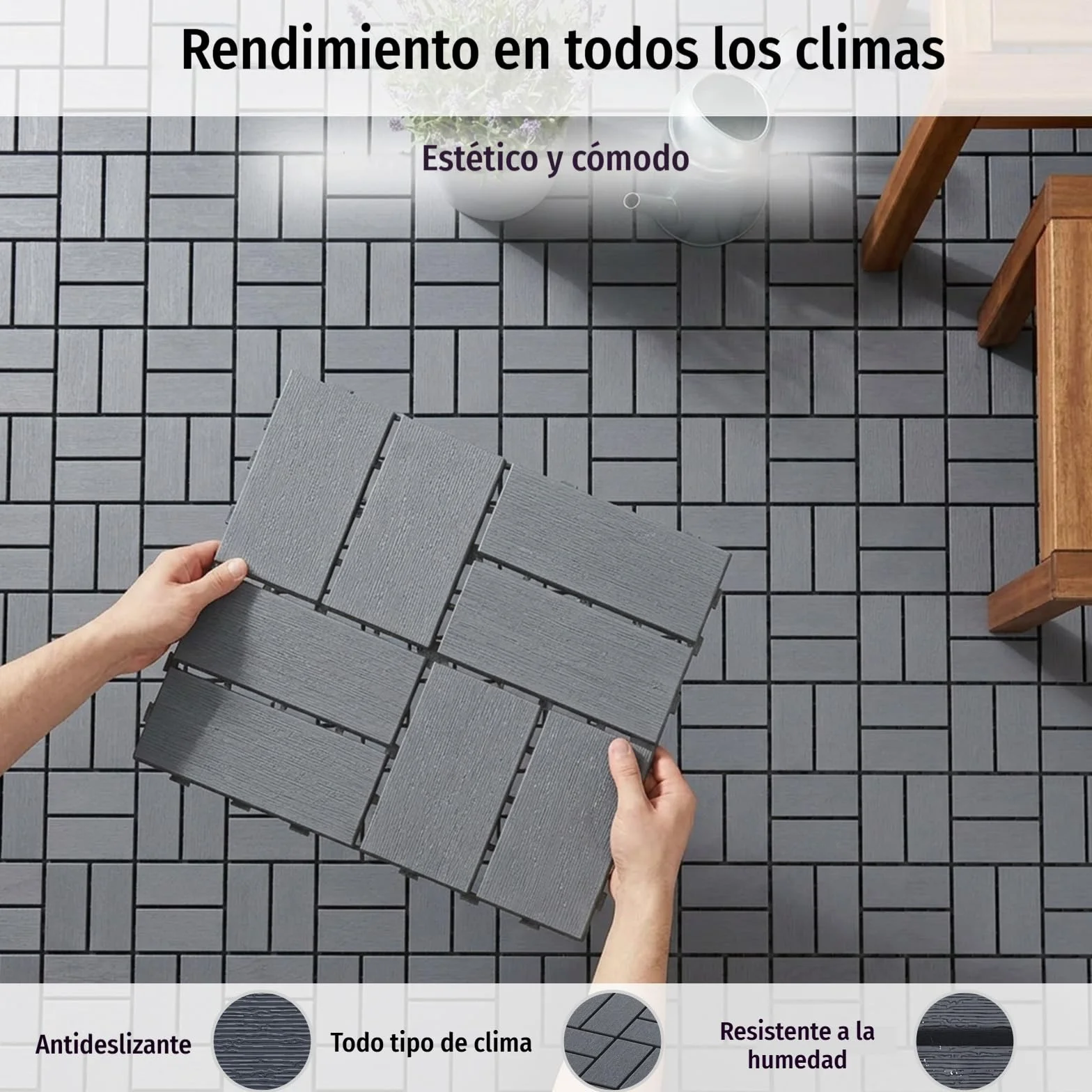 Baldosas WPC Exterior Antideslizantes Impermeables Click Suelo Composite Gris 30x30 cm 4 m²