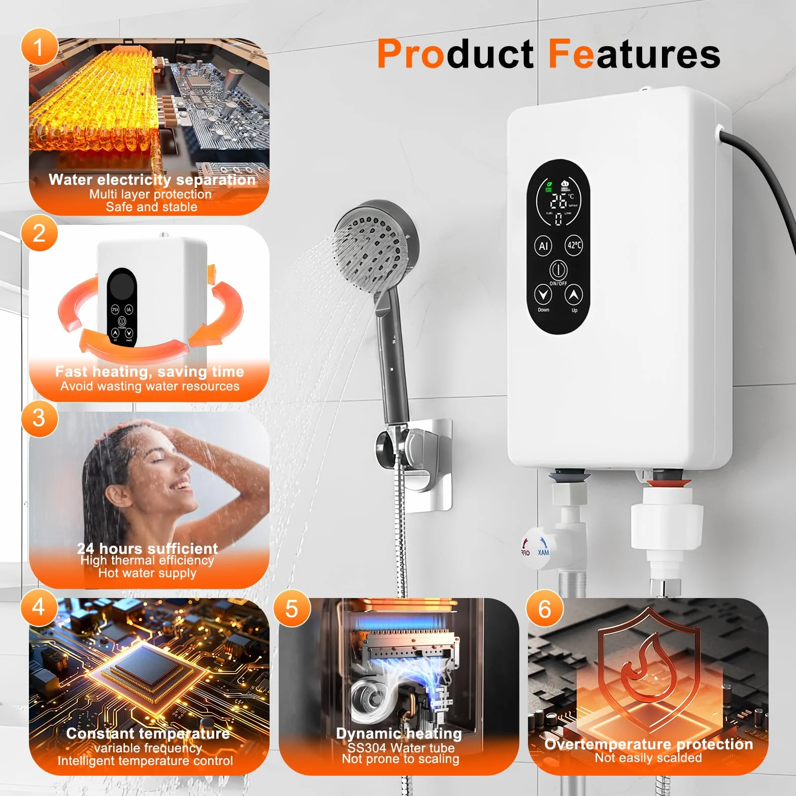 Calentador de agua eléctrico de paso, 5500 W, 220 V, indicador de temperatura, unidad integrada, control inteligente, mini calentador de agua, adecuado para duchas y baños