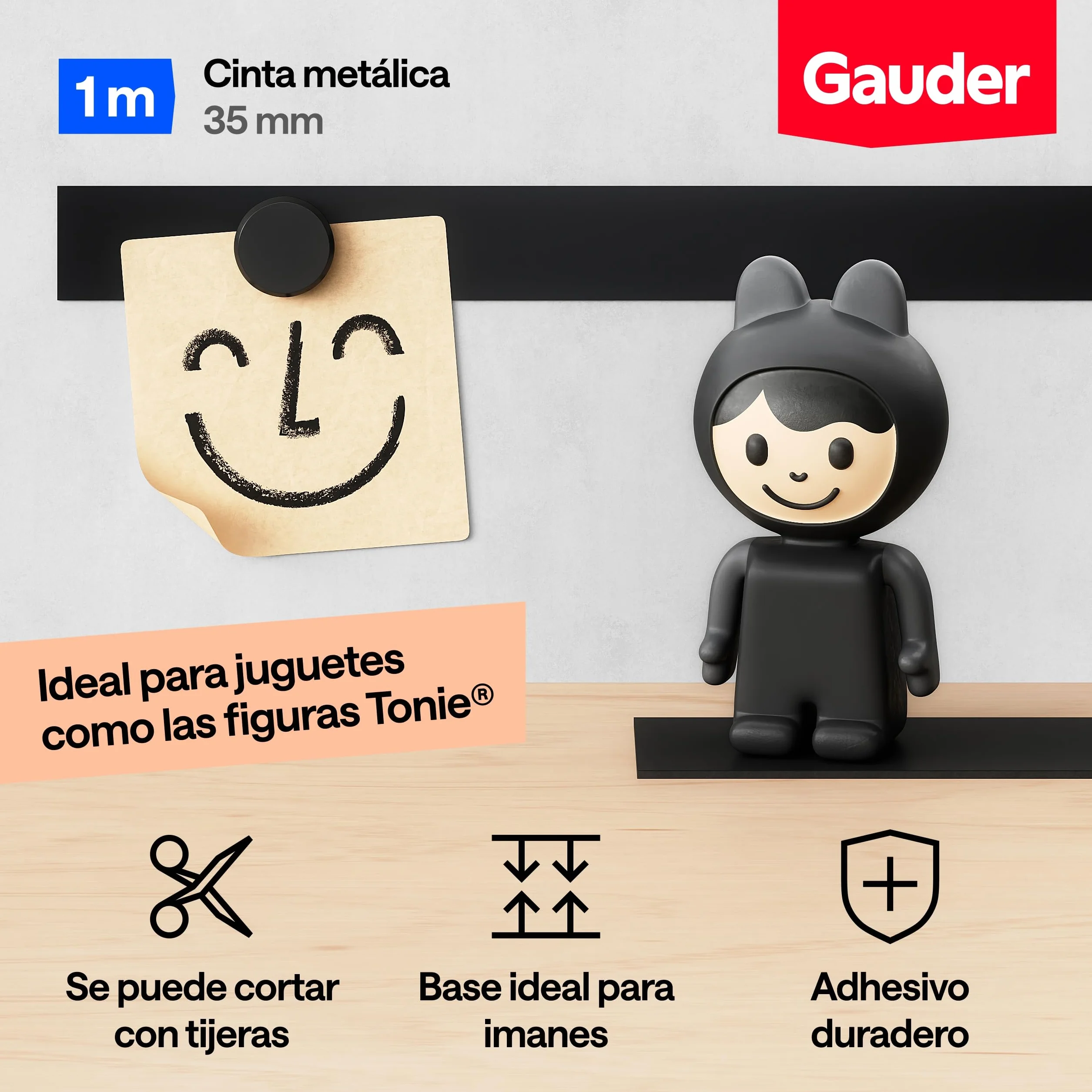 GAUDER Cinta metálica autoadhesiva - Banda magnética para imanes y Figuras Tonie® & estanterías - Cinta ferrosa & banda de hierro para manualidades y organización (1 m x 35 mm - negro)