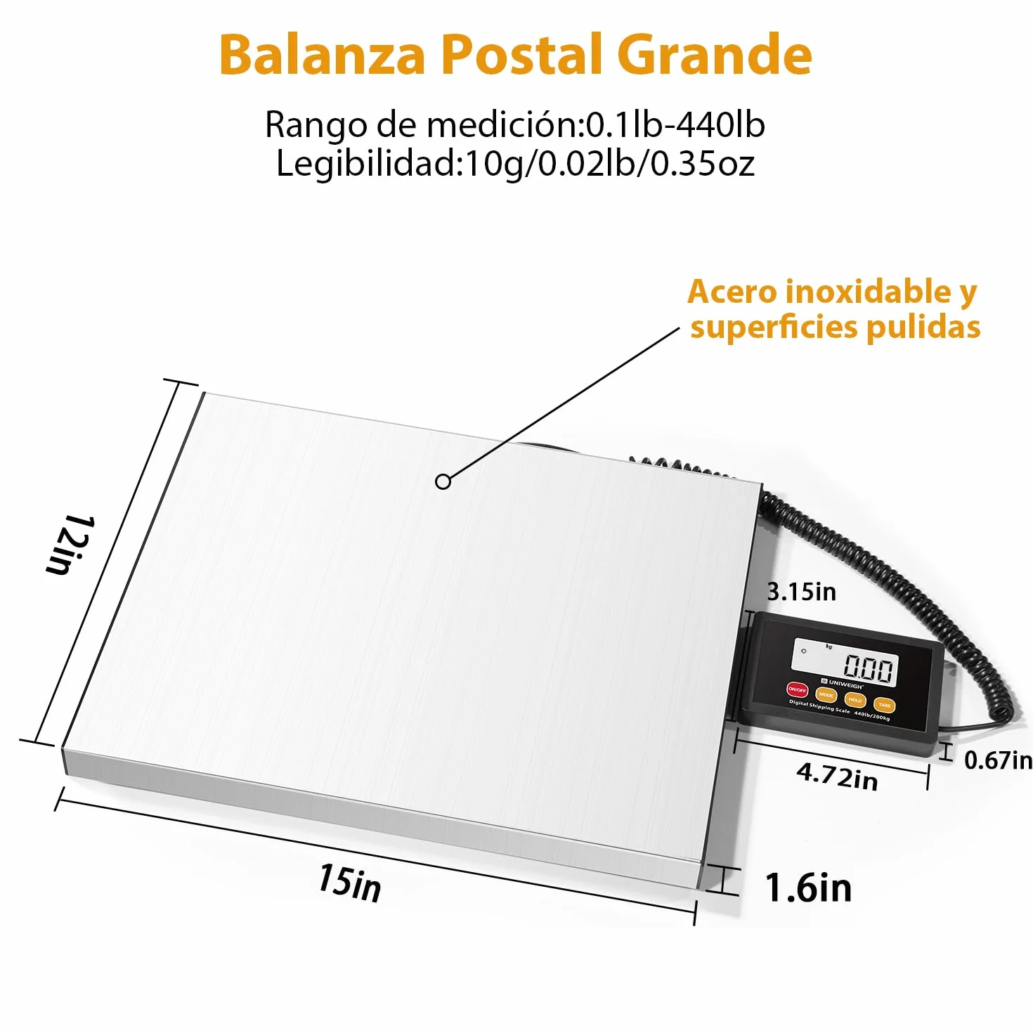 UNIWEIGH Bascula Postal Digital 440lb x 10g Plataformas de Acero Inoxidable Balanza Pesada con Retención Tara Pantalla LCD