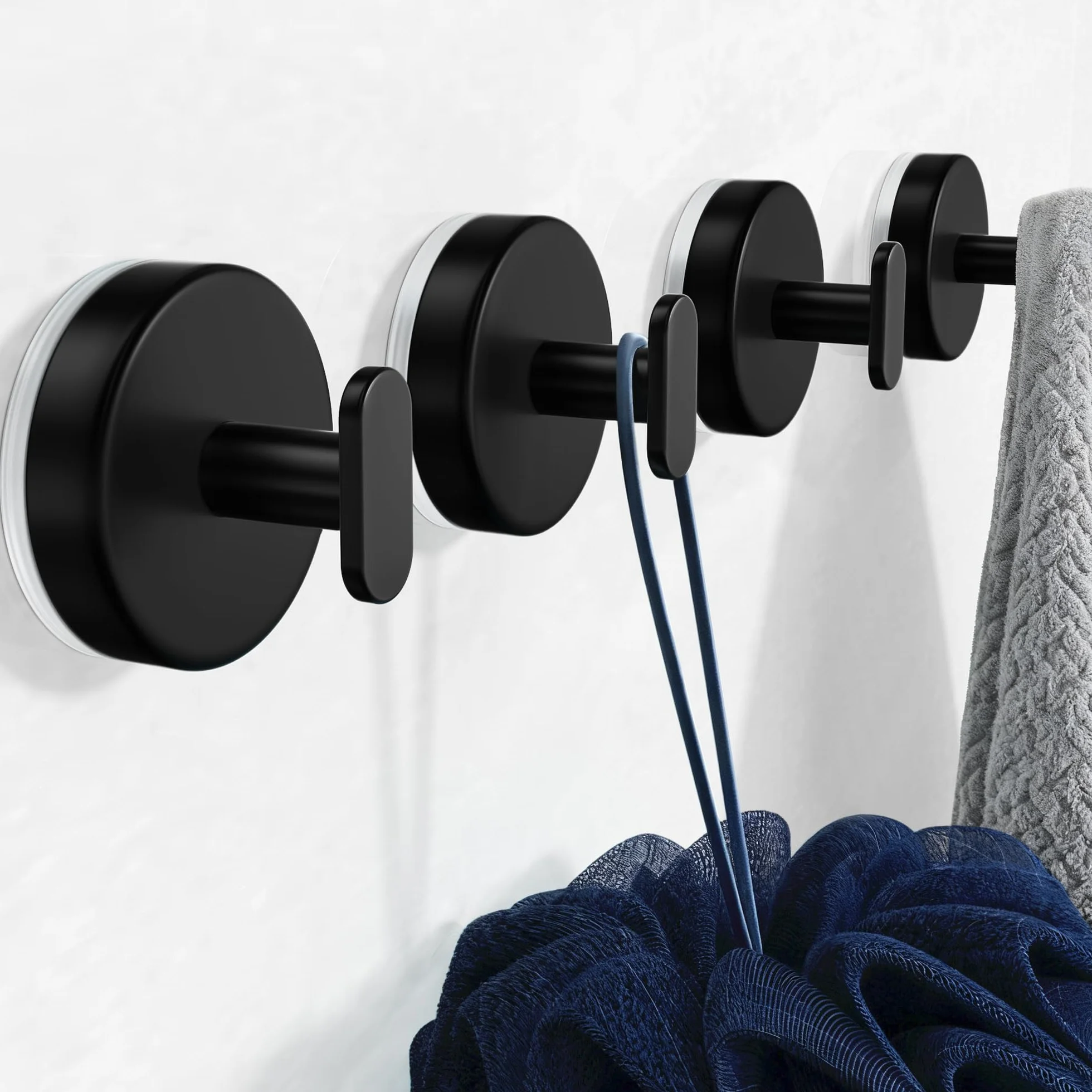 pickpiff Ganchos de ventosa ducha: Colgador extra fuerte de 6,8 kg para baño, cocina, puerta, espejo, azulejos, vidrio – Para toallas, esponjas, abrigos, batas –,negro mate, paquete de 4