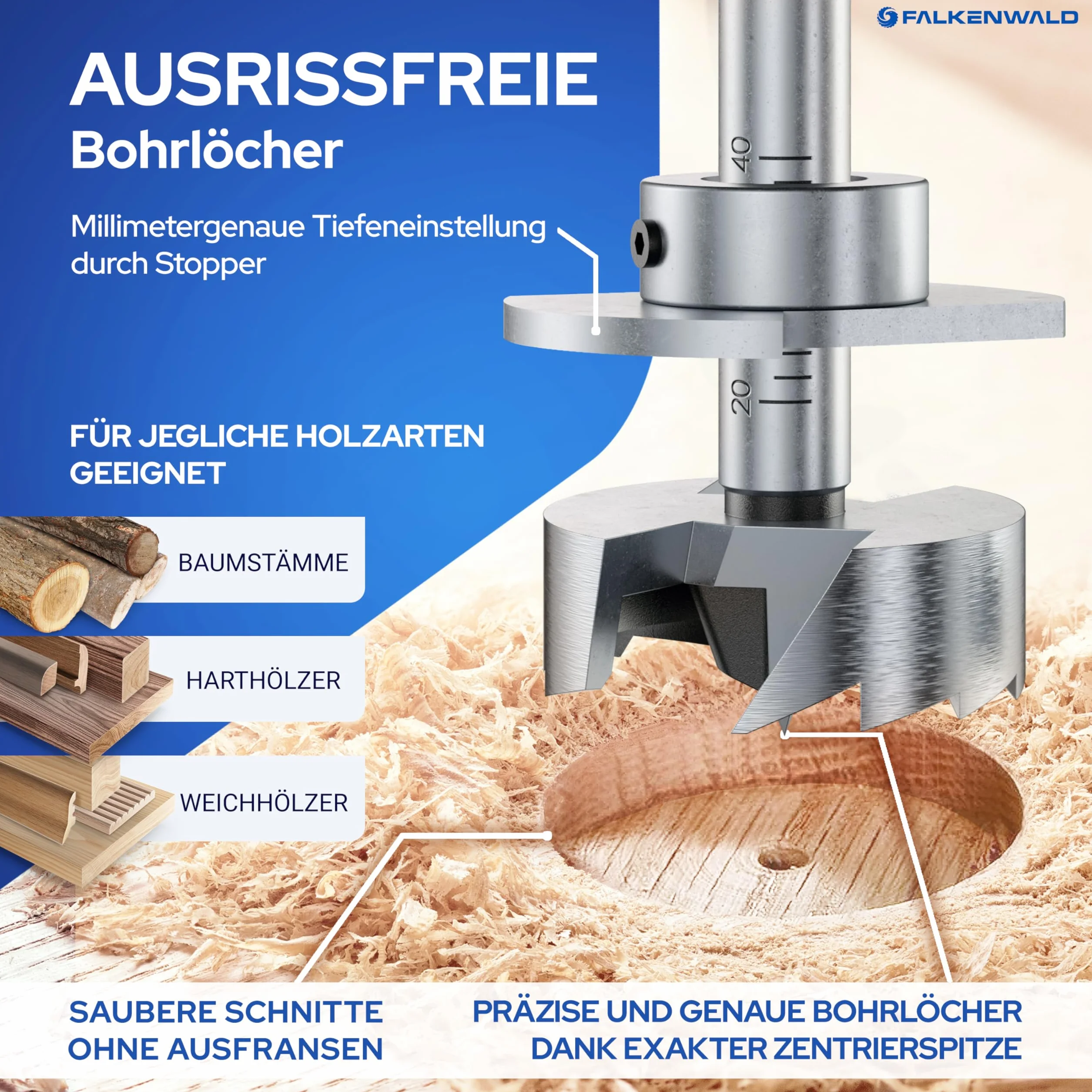 FALKENWALD Juego de brocas Forstner de 10 piezas (Ø 10 – 40 mm) con maletín de herramientas y adaptador + ampliación – Broca para madera de alta precisión – Juego de brocas Forstner Premium para