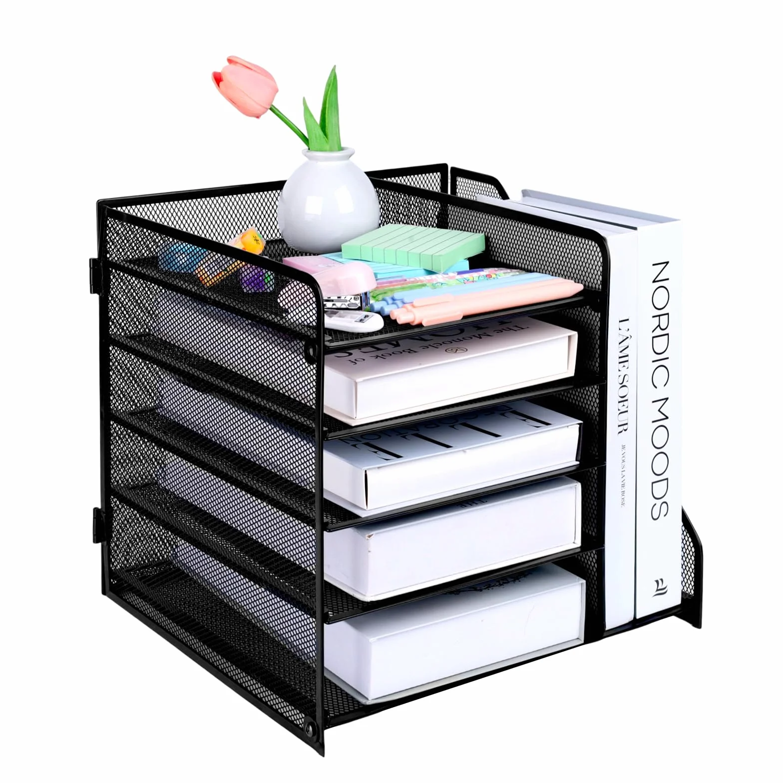 Organizador de escritorio de malla 5 niveles con soporte para revistas negro