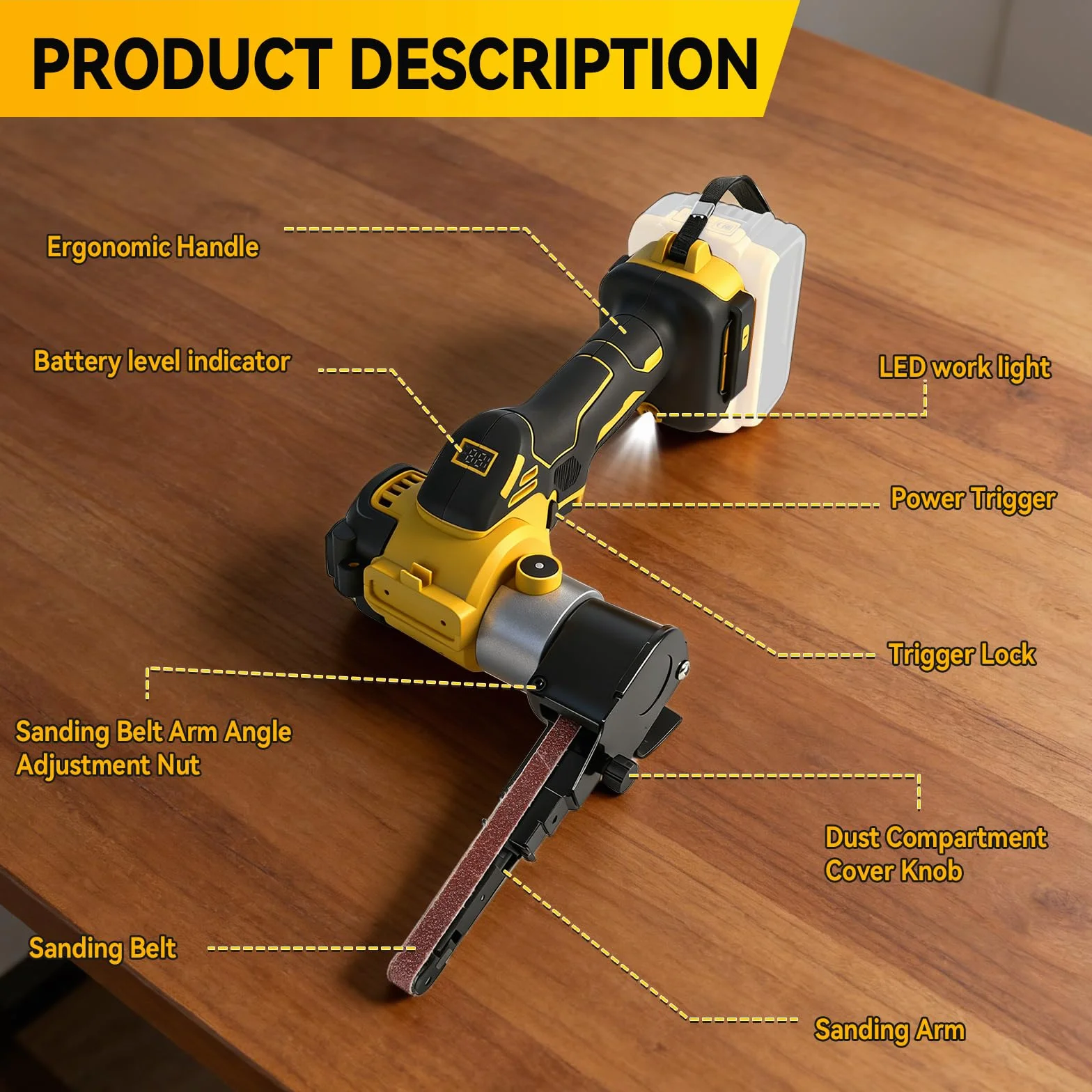 Lijadora de banda inalámbrica compatible con batería Dewalt de 20 V, amoladora de banda ajustable de 0 a 13000 rpm, 360° sin escobillas con 20 bandas de lijado para madera, metal y plástico (amarillo
