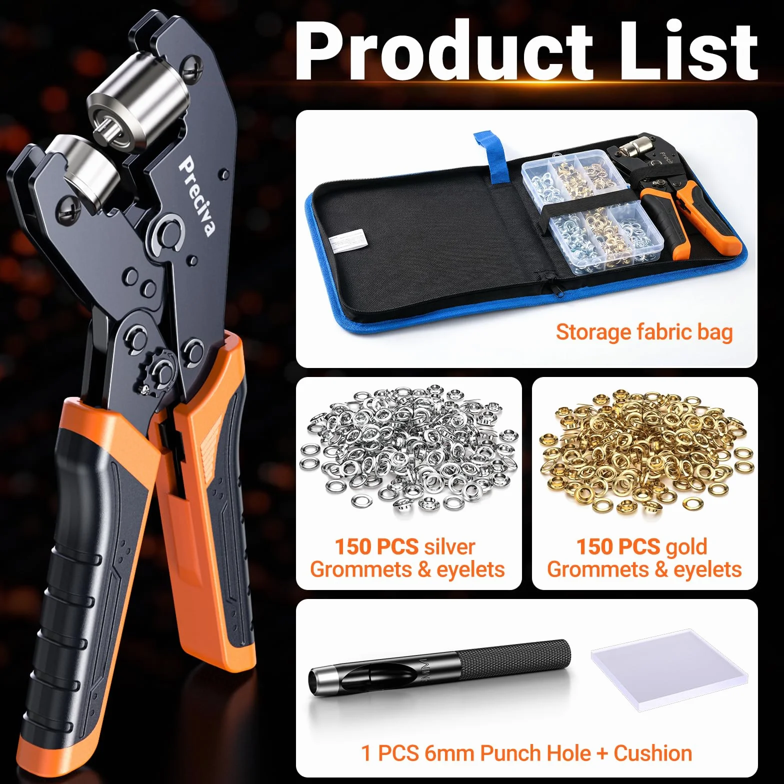 Preciva Remachadora Ojales, Kits de Ojetes 300PCS (Ø 6mm), Alicate de Ojales con Trinquete Ajustable, Ojales de Dorados y Plateados, Sacabocados, Gásquet, Kit para Lonas Tejidos Cartón Cuero y PVC