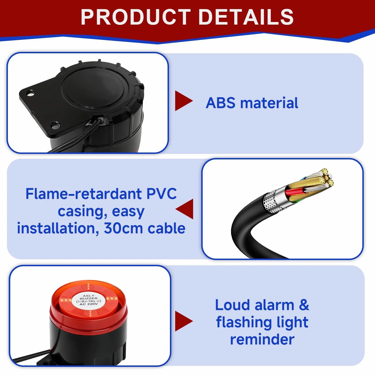 Sirena Alarma Exterior 220V 120dB con Luz Intermitente Sonido de Alto Decibelio, Sirenas de Seguridad Cableada para Alarma Perimetral Exterior, Zumbador para Hogar Oficina Garaje Tienda Industrial