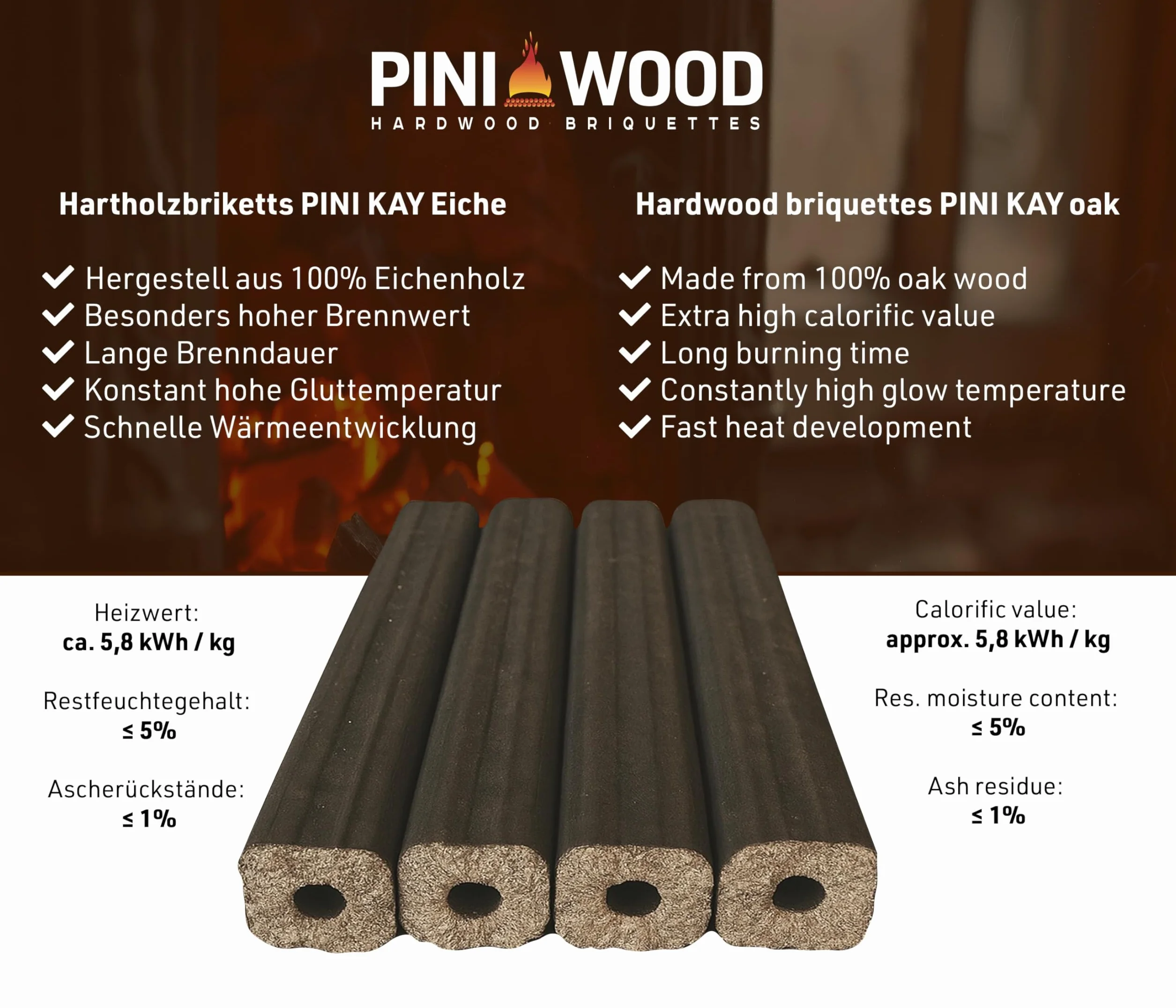 PINI Kay Briquetas de madera de roble, 23 cm de largo, cuadradas con agujero de tracción, 22,5 kg, briquetas de madera dura, briquetas de madera de roble, chimenea, horno y barbacoa