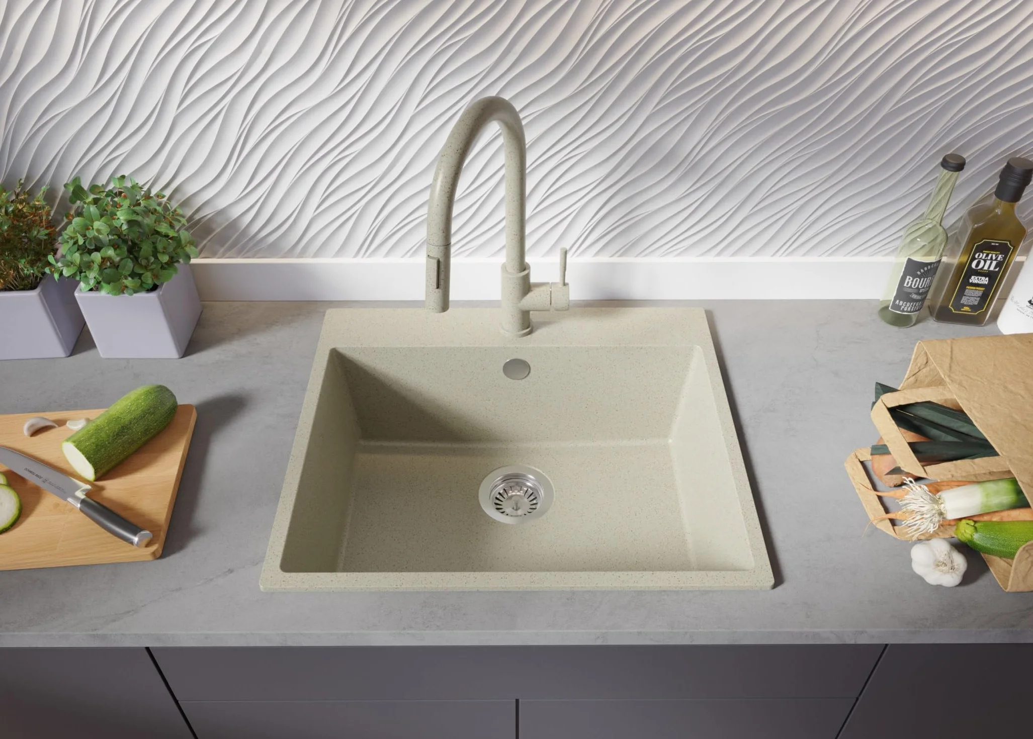PRIMAGRAN Fregadero Granito Todo Beige 58x50cm, Cocina 1 Seno + Grifo 40x20cm + Sifón, Sobre Encimera al Mueble 60cm - Riga S330