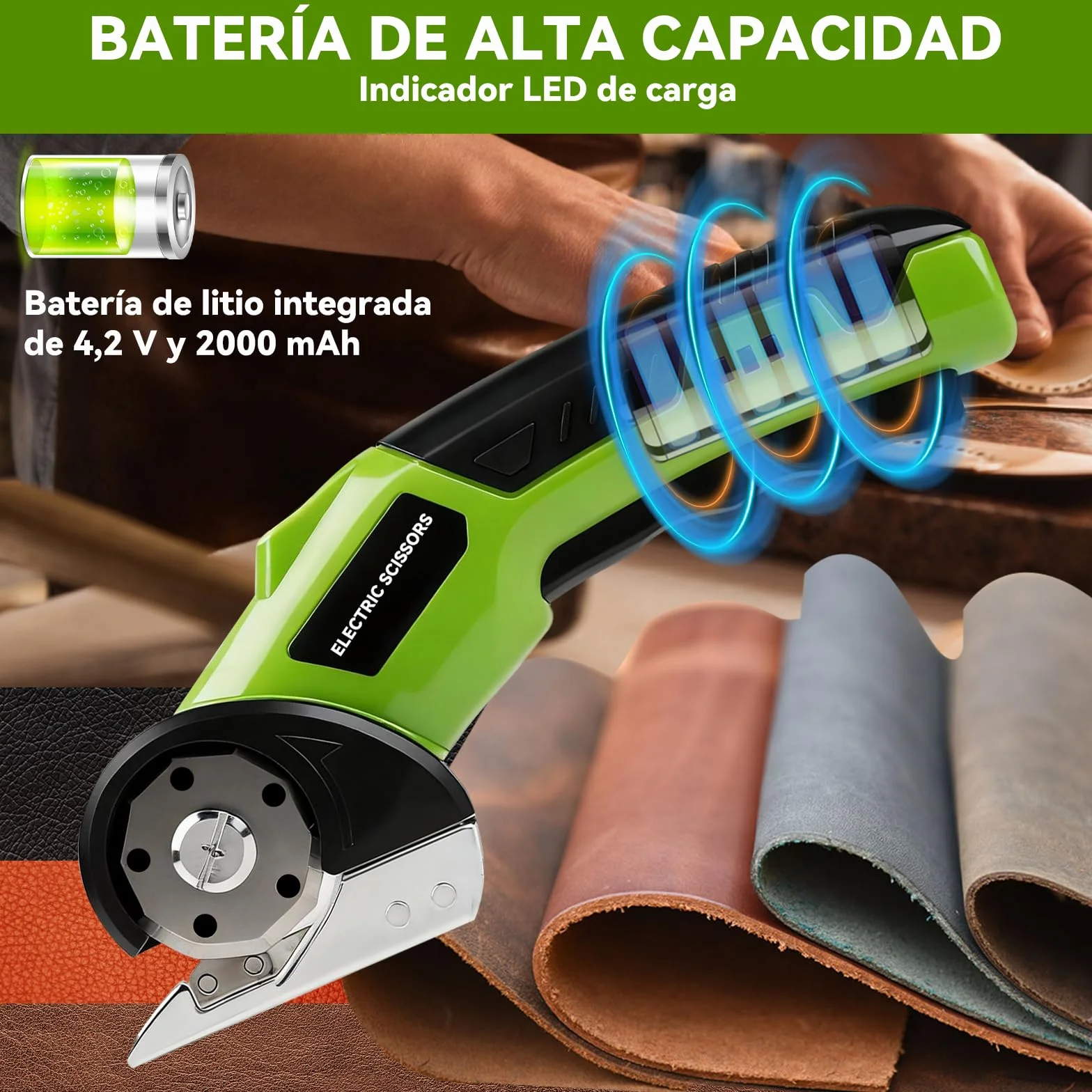 Cortadora de Tijera Eléctrica Inalámbrica, 4,2V Recargable Tijeras Electrica Costura con batería de 2000 mAh y 2 cuchillas para papel, cartón, alfombra, cuero, fieltro