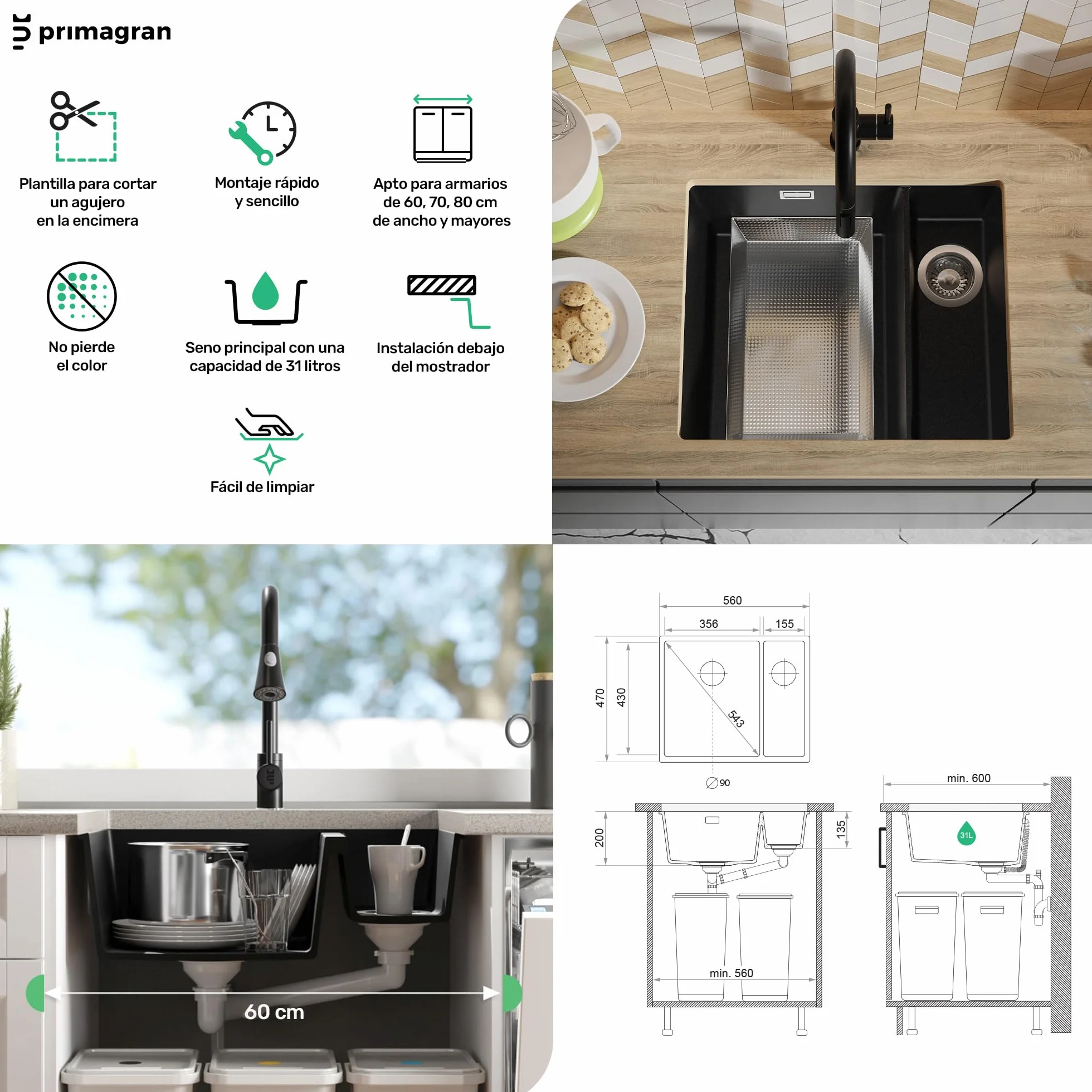 Fregadero bajo Encimera Beige 56x47cm, Fregadero Cocina 1,5 Senos + Sifón, Granito al mueble 60cm - London Duo de Primagran