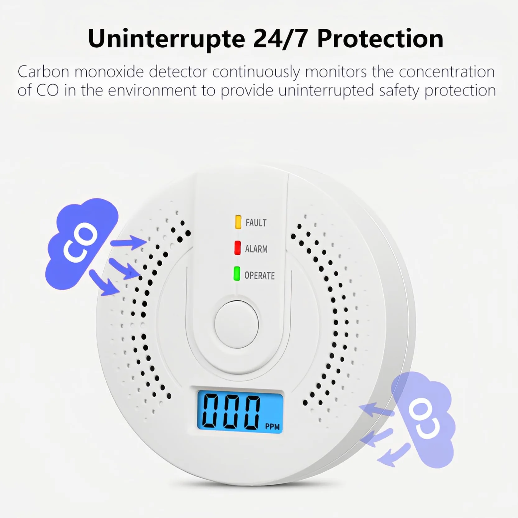 Detector MonóXido Carbono con Indicadores Led Luminosos y Audibles SeñAl de BateríA Baja Pantalla Digital BotóN Prueba para Viajes y Seguridad En El Hogar PortáTil