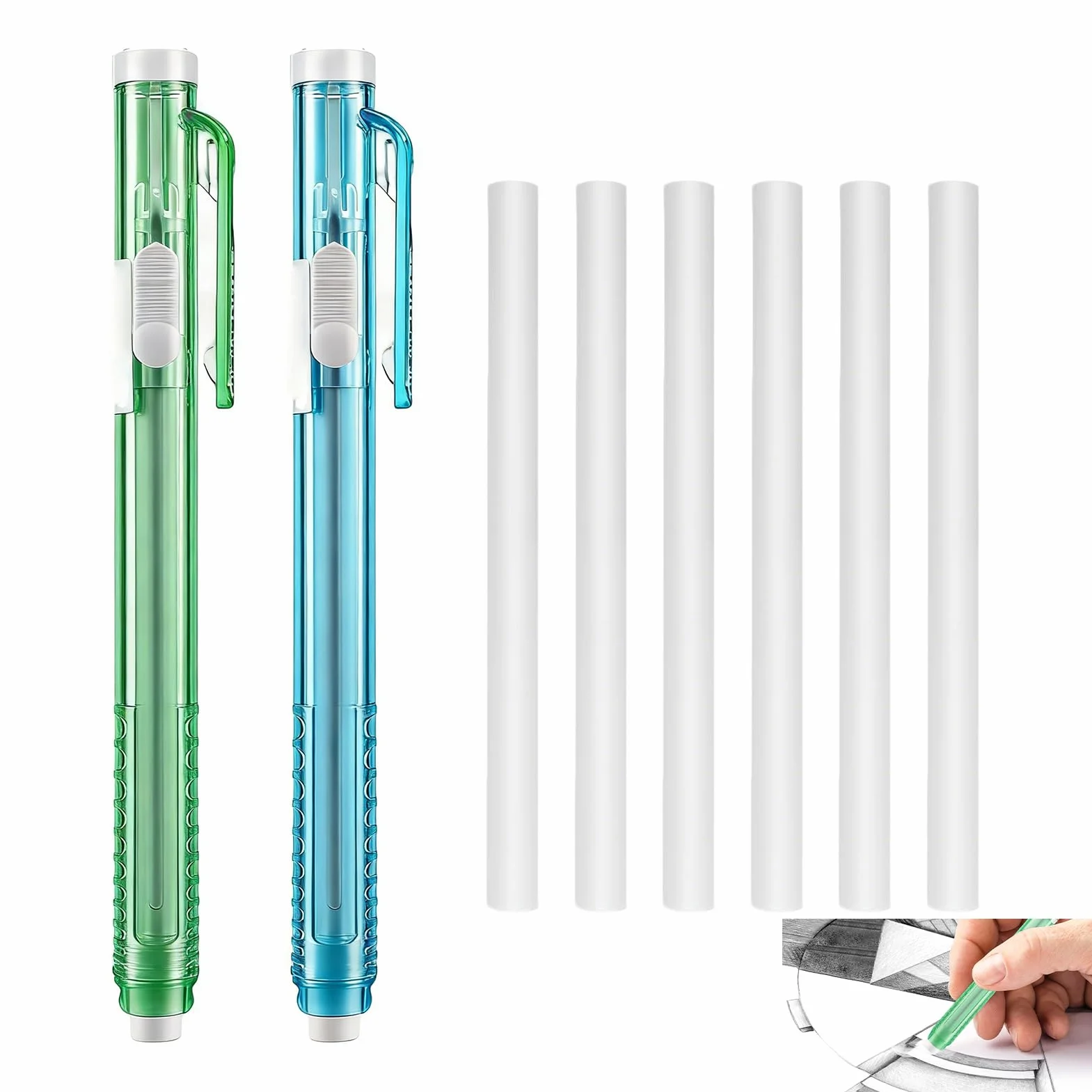 Gomas de Borrar Estilo Bolígrafo, Borrador Mecánico Retráctil 2 Piezas con 6 Recambios para Dibujo Escritura