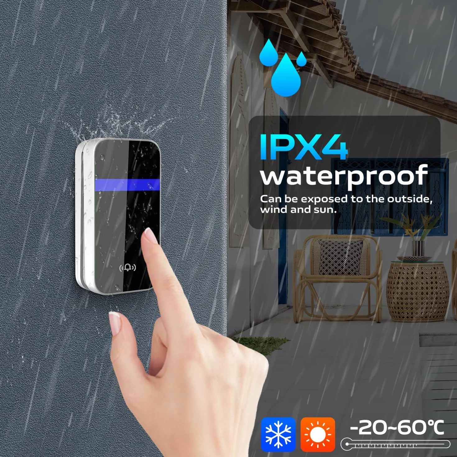 DieseRC Campana inalámbrica sin batería para exterior, nieve, lluvia, IP65 impermeable, gran alcance, timbre de puerta pequeño y discreto, fácil instalación, 38 melodías